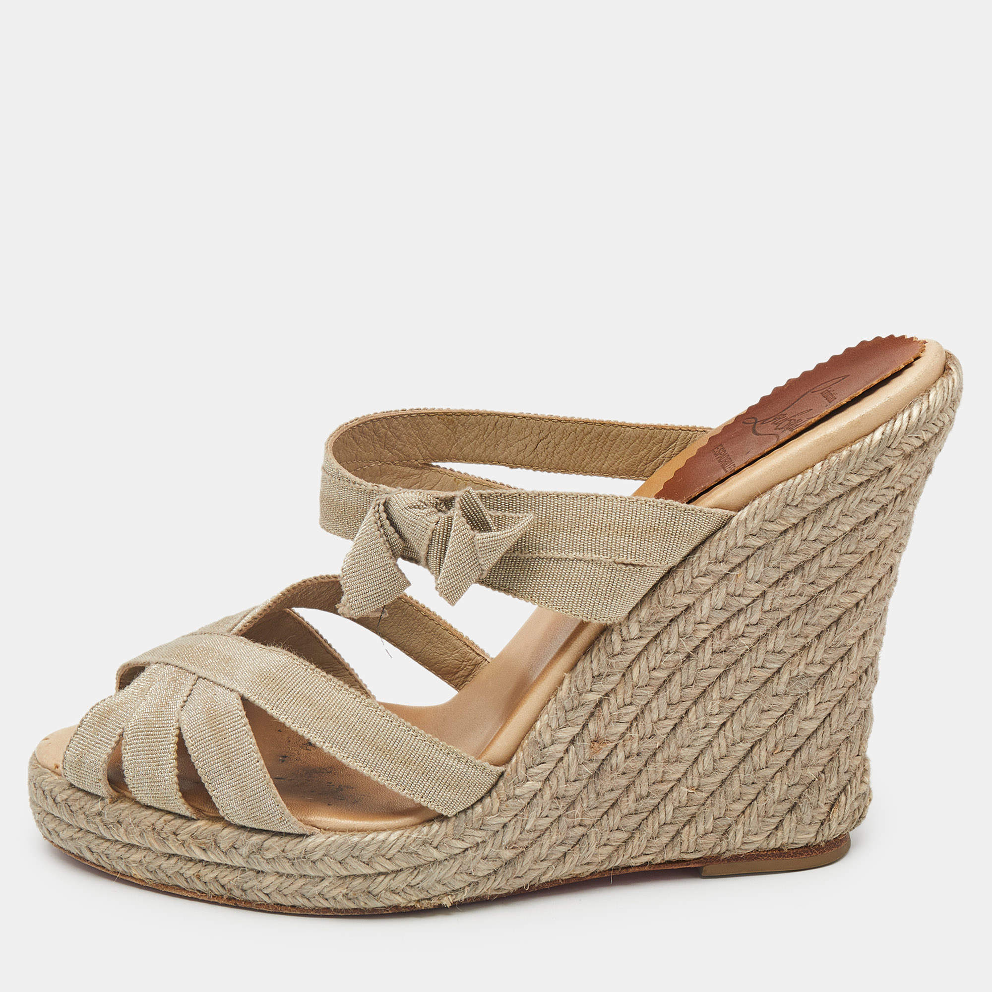 Pre Owned Christian Louboutin Beige Fabric Delfin Espadrille Wedge Sandals Size 39