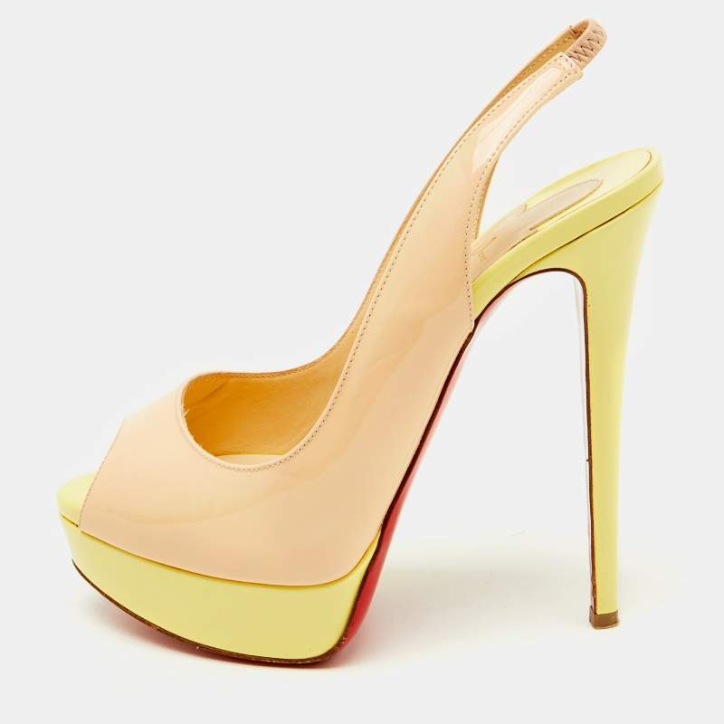 Pre Owned Christian Louboutin Beige/Yellow Patent Leather Lady Peep Toe Platform Slingback Pumps Size 37