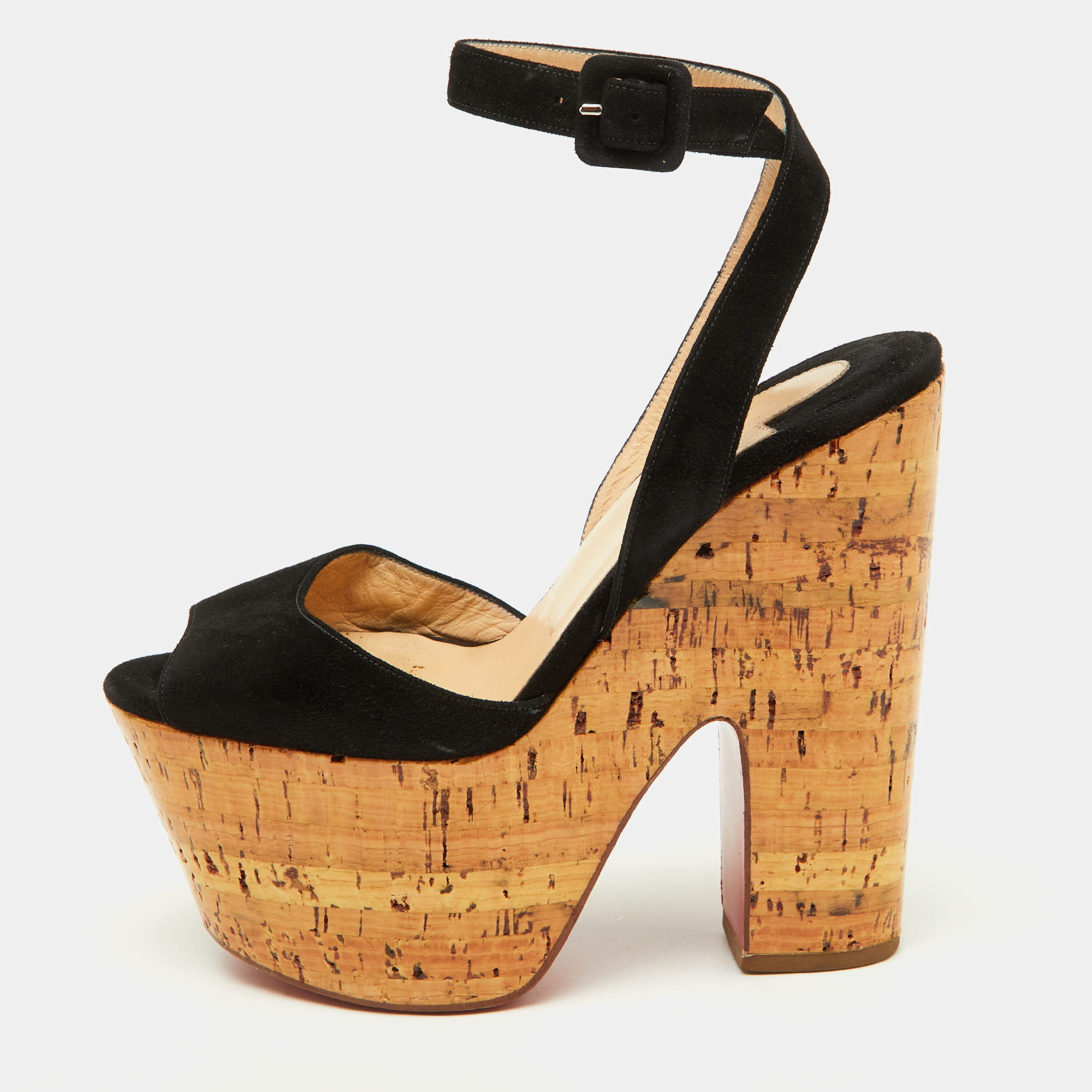 Christian Louboutin Black Suede Super Dombasle Platform Cork Wedge Ankle Strap Sandals Size 36
