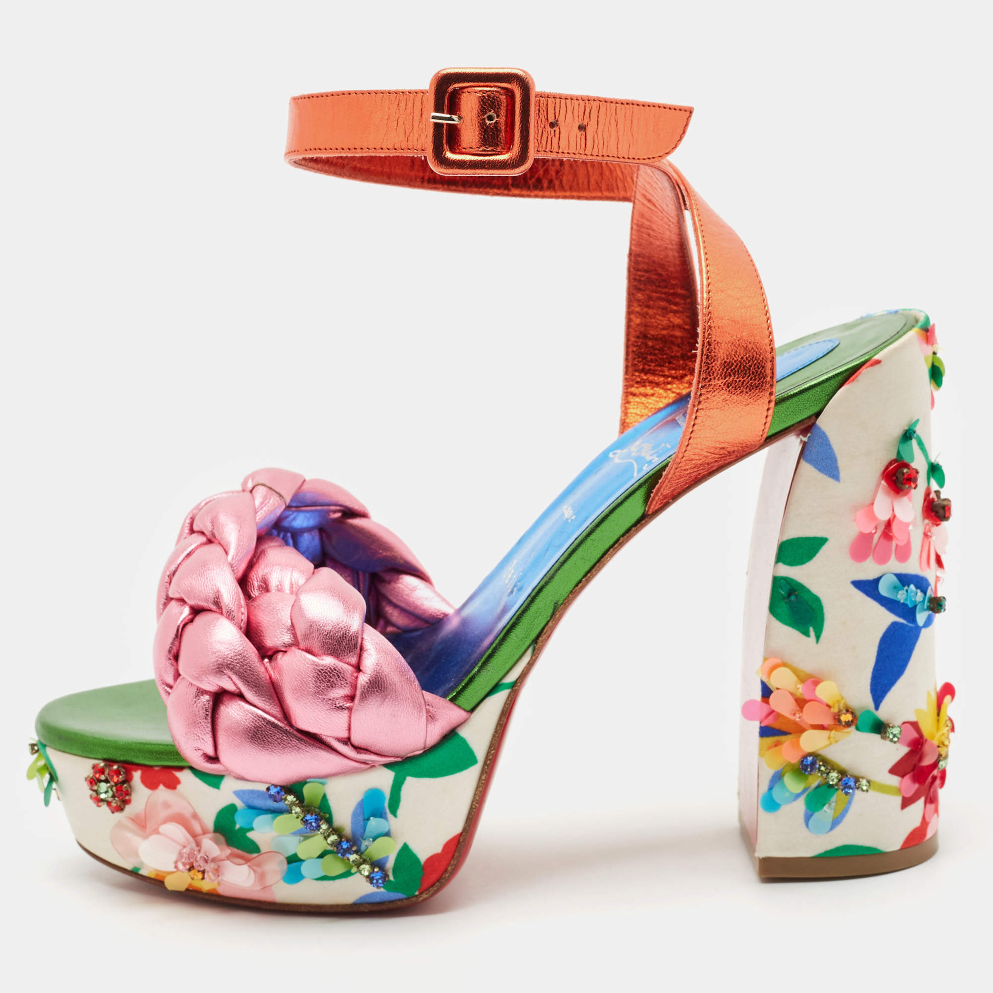 Christian Louboutin Multicolor Leather Floral Embellished Platform Ankle Strap Sandals Size 39.5