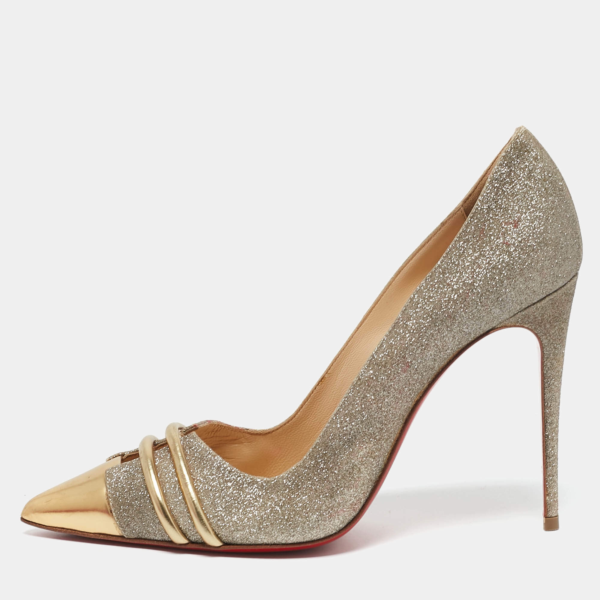 Christian Louboutin Metallic Gold Glitter and Leather Front Double Pumps Size 37