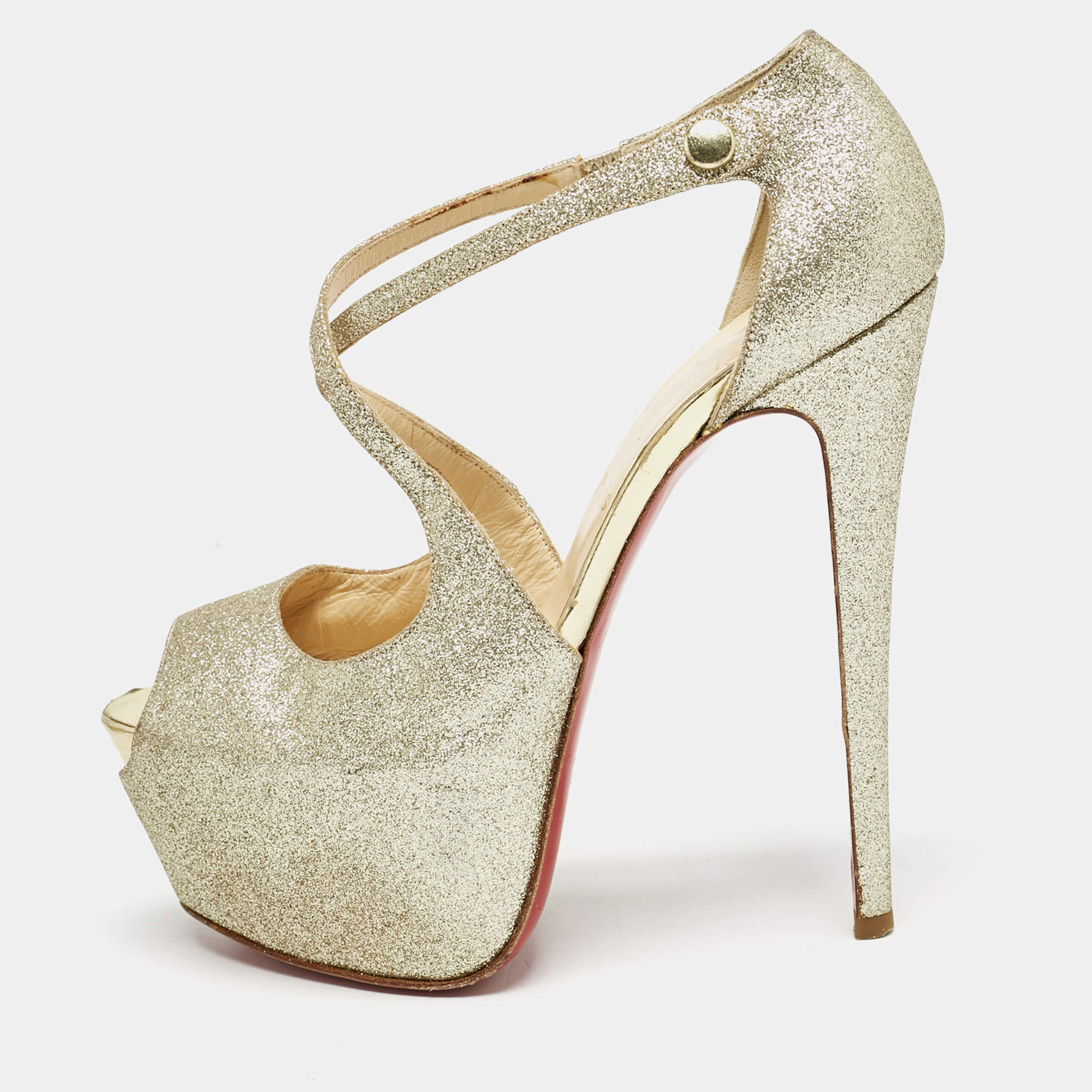 Christian Louboutin Gold Glitter Exagona Platform Sandals Size 38.5