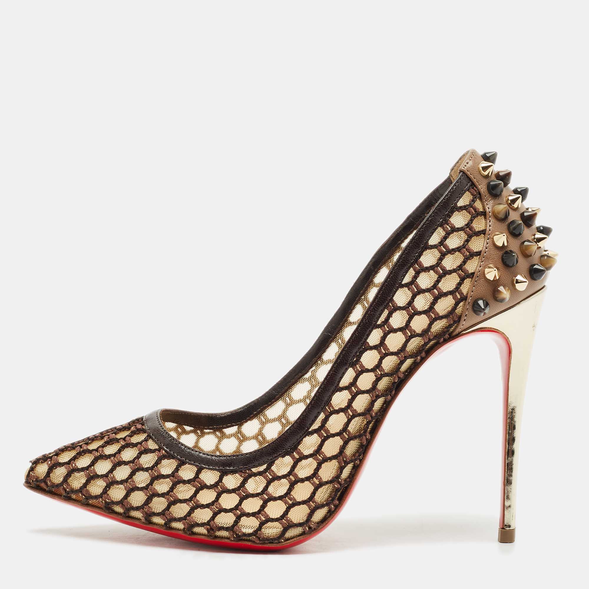 Pre Owned Christian Louboutin Multicolor Mesh and Leather Spikes Guni Pumps Size 35