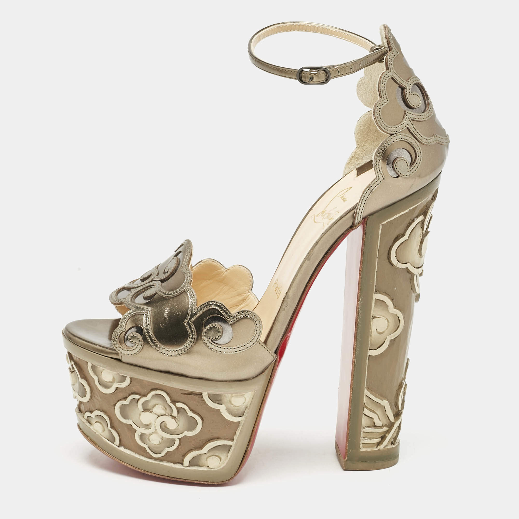 Pre Owned Christian Louboutin Metallic Leather Laser Cut Floral Overlay Houghton Platform Ankle Strap Sandals Size 37.5