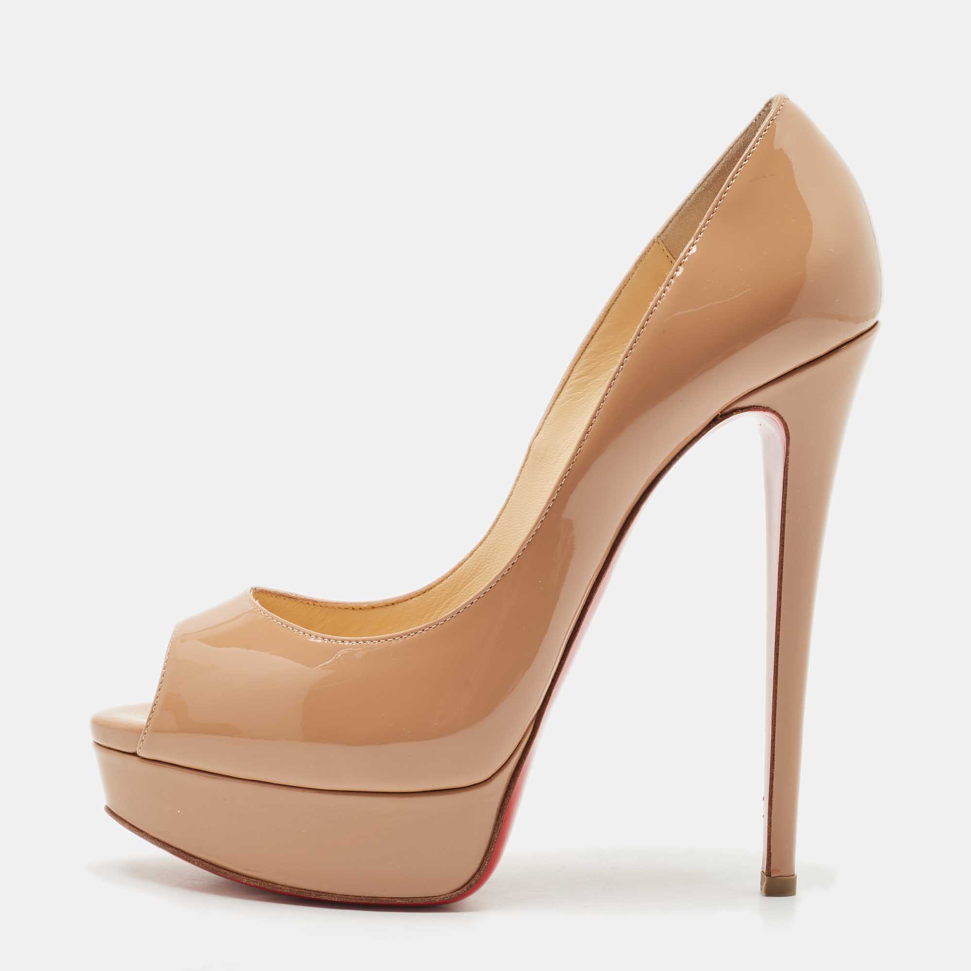 Pre Owned Christian Louboutin Beige Patent Leather Lady Peep Toe Pumps Size 38.5