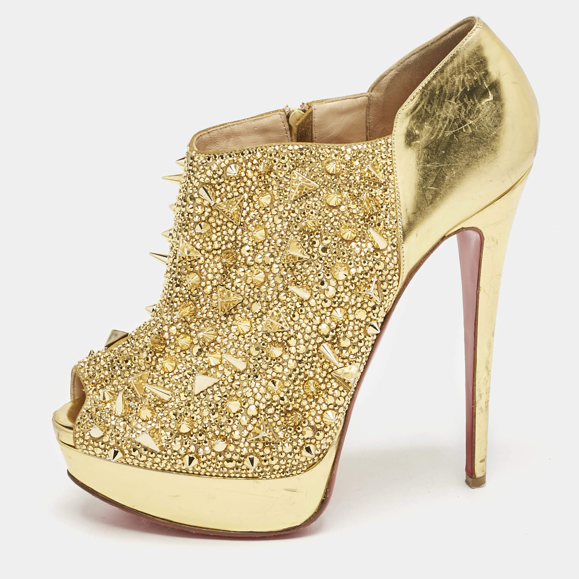 Christian Louboutin Metallic Gold Leather Bridget's Back Spike Peep Toe Booties Size 40