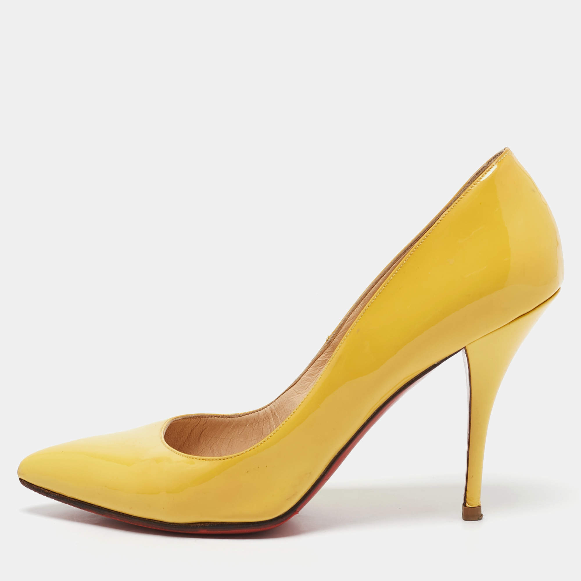 Christian Louboutin Yellow Patent Leather Pigalle Pointed Toe Pumps Size 38.5