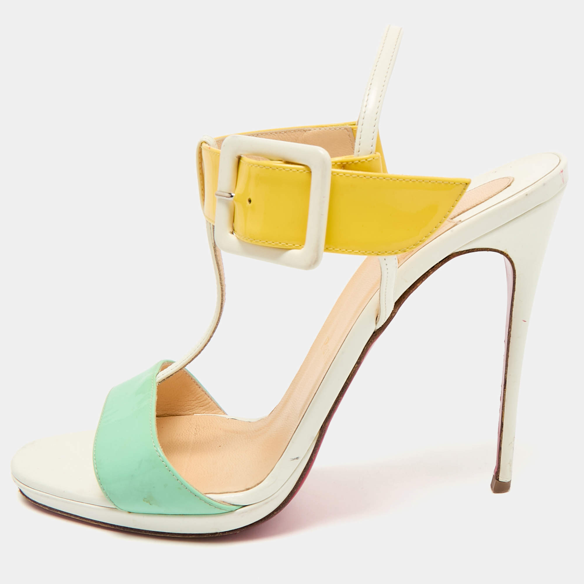 Christian Louboutin Multicolor Patent Leather Beltega T-Strap Sandals Size 38.5