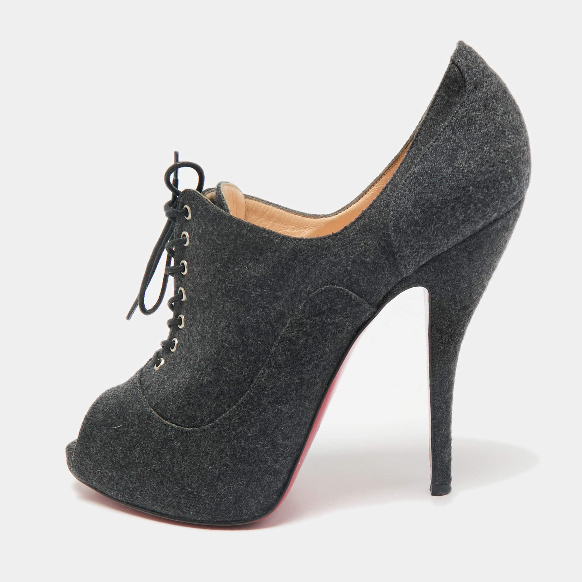 Christian Louboutin Dark Grey Fabric Flannel Lady Peep Toe Lace Up Booties Size 38.5