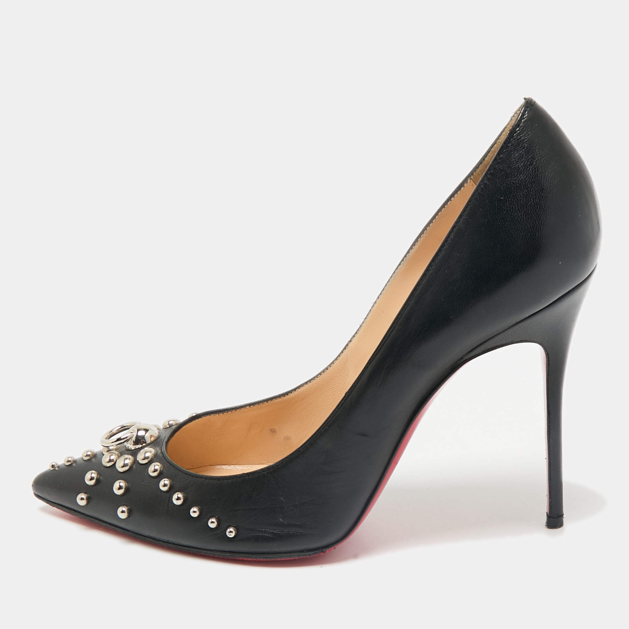 Christian Louboutin Black Leather Door Knock Studded Pumps Size 38