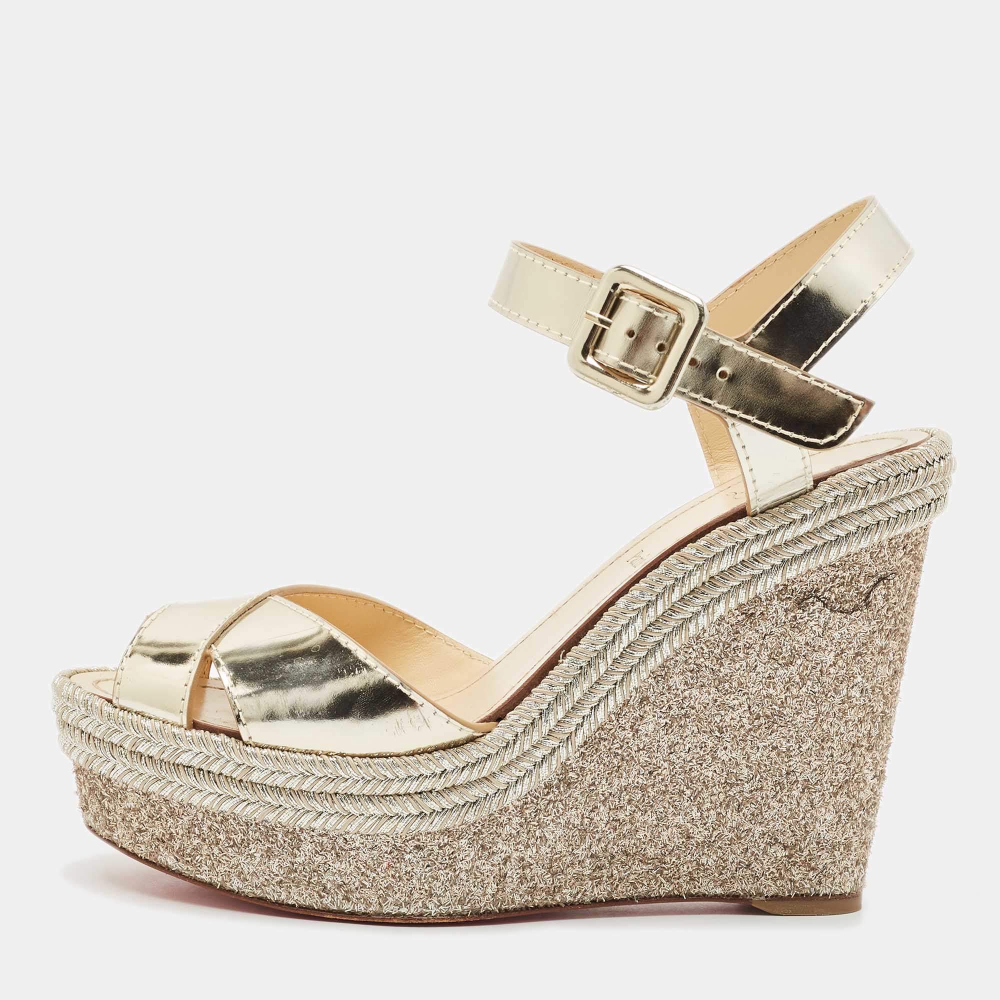 Christian Louboutin Gold Leather Almeria Espadrille Wedge Sandals Size 37