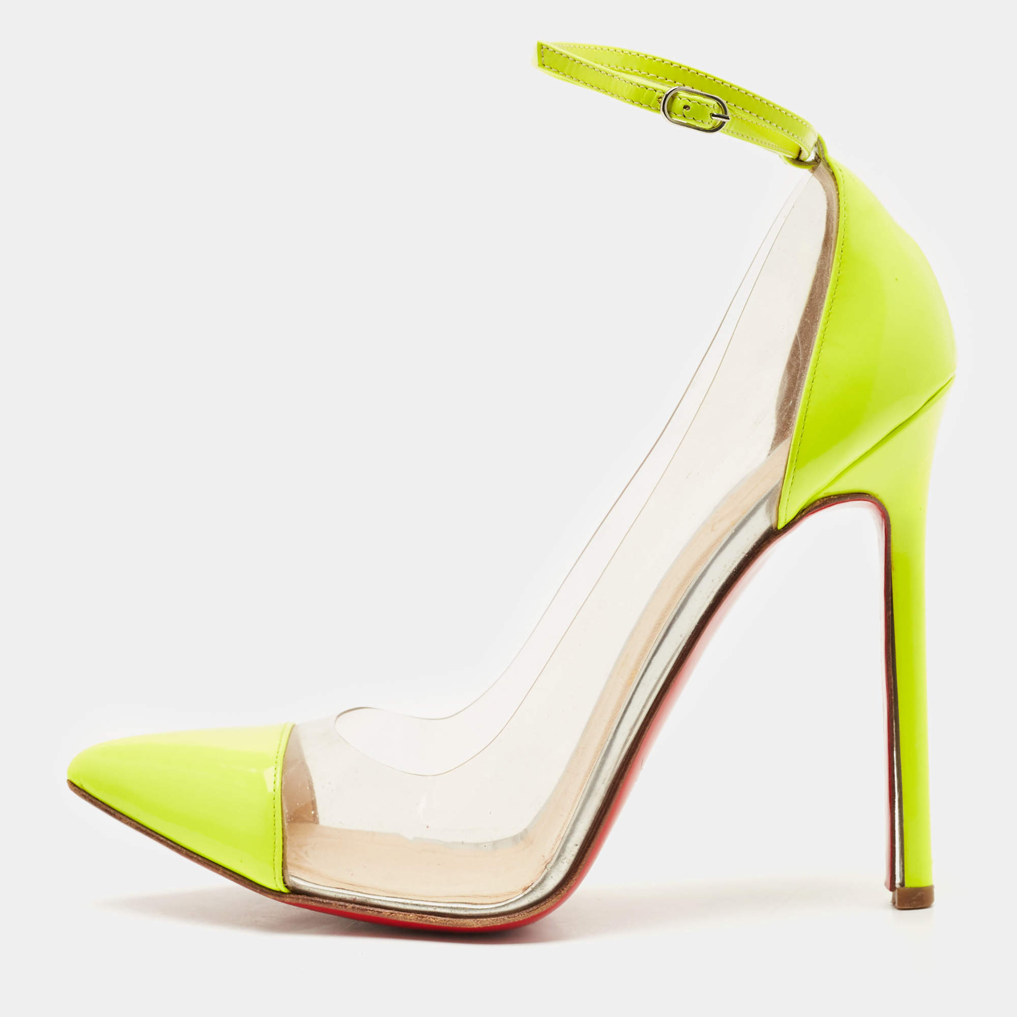 Pre Owned Christian Louboutin Neon Green Patent Leather and PVC Un Bout Rond Pumps Size 38.5