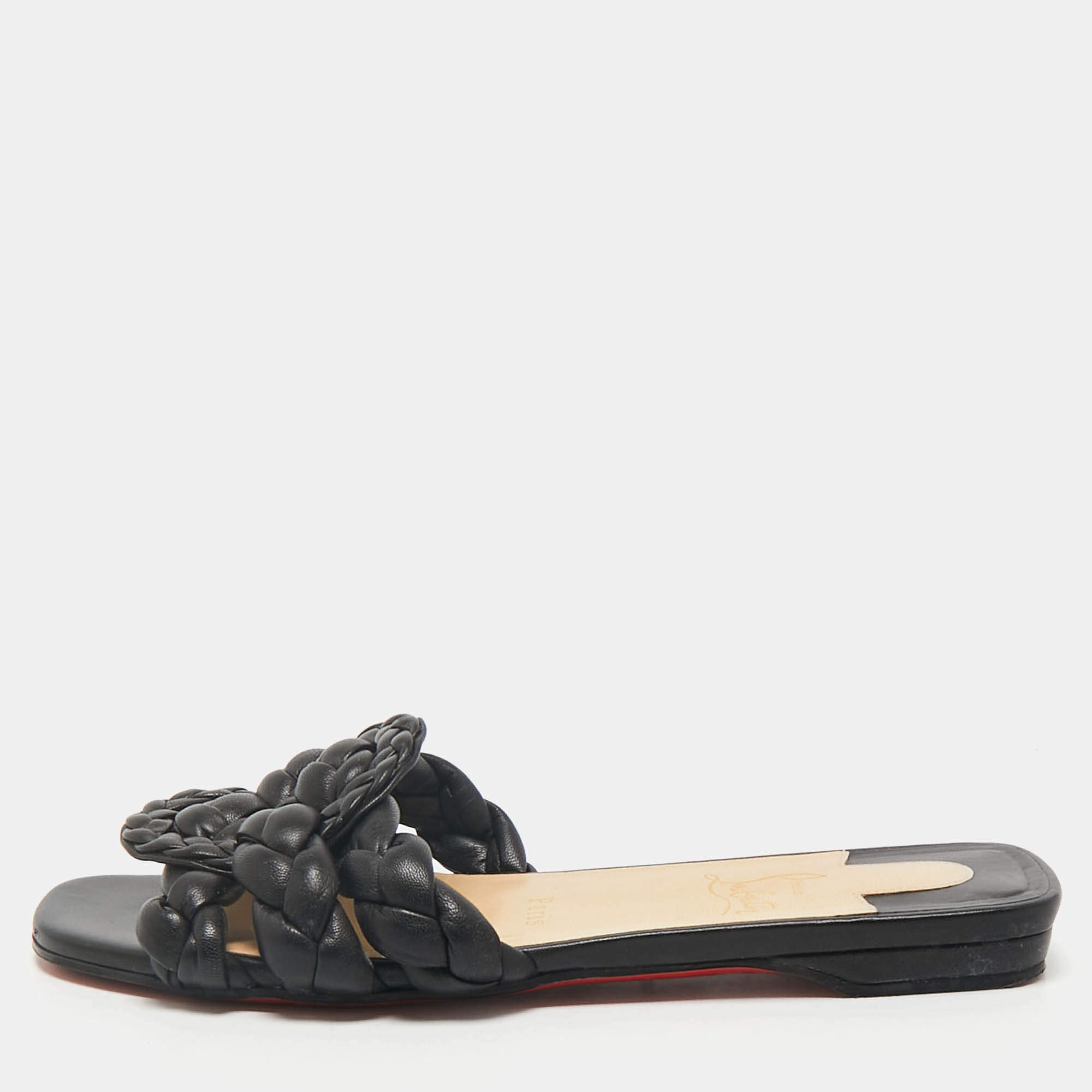 Christian Louboutin Black Woven Leather Marmella  Flat Slides Size 36