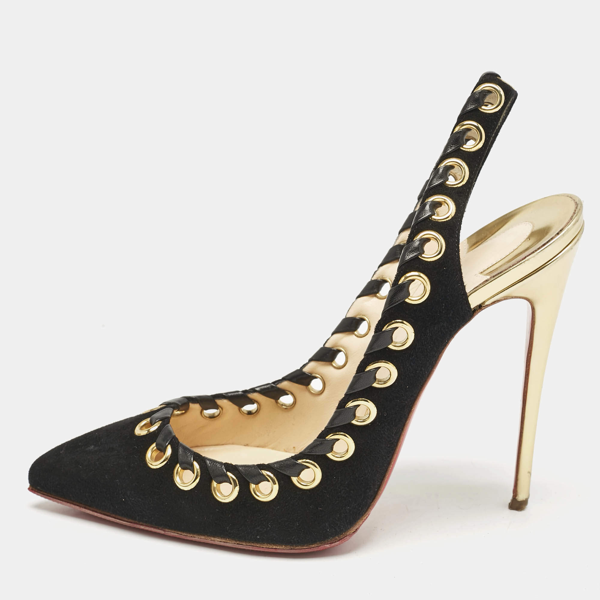 Christian Louboutin Black Leather and Suede Ostri Pumps Size 38.5