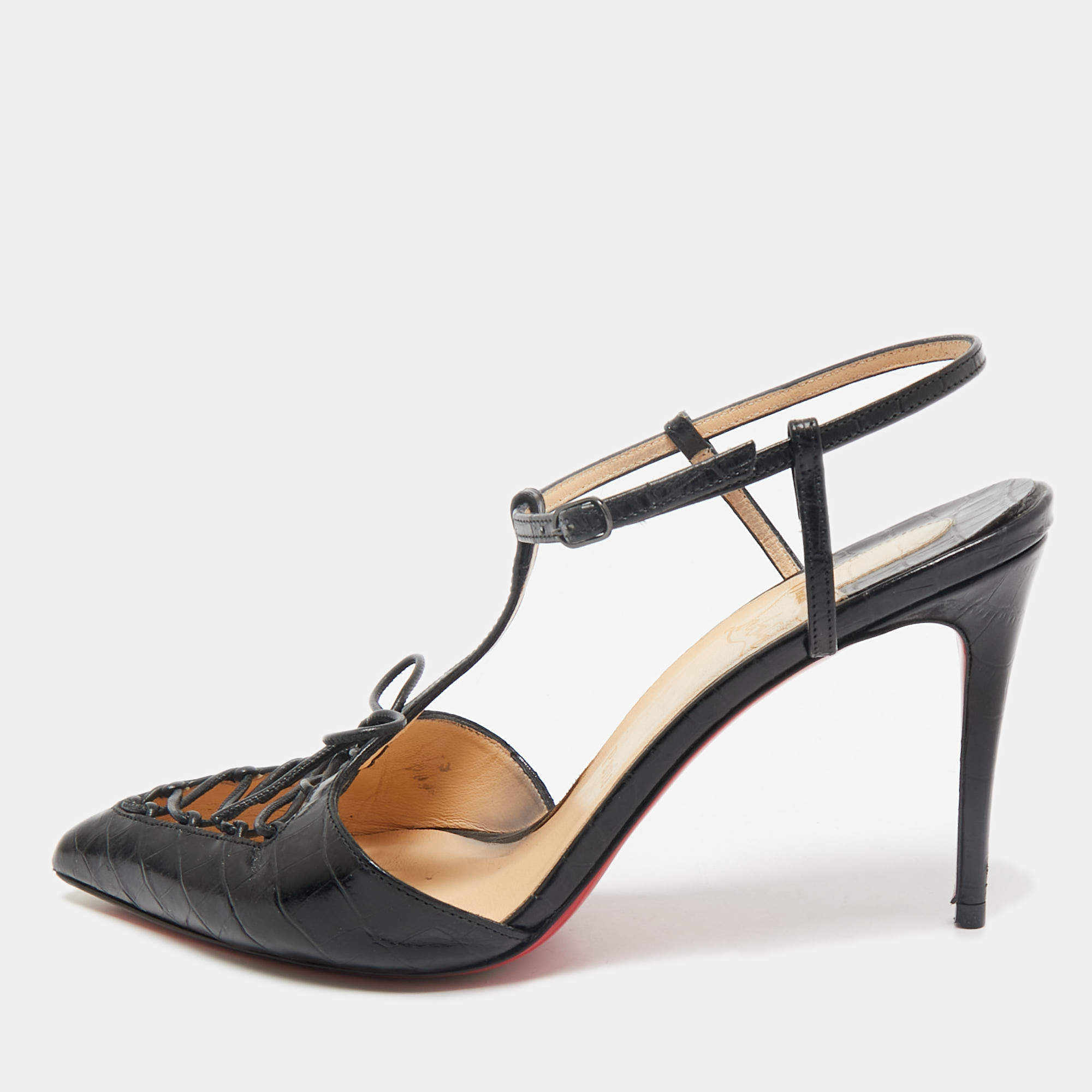 Christian Louboutin Black Croc Embossed Leather crococuty Pumps Size 38