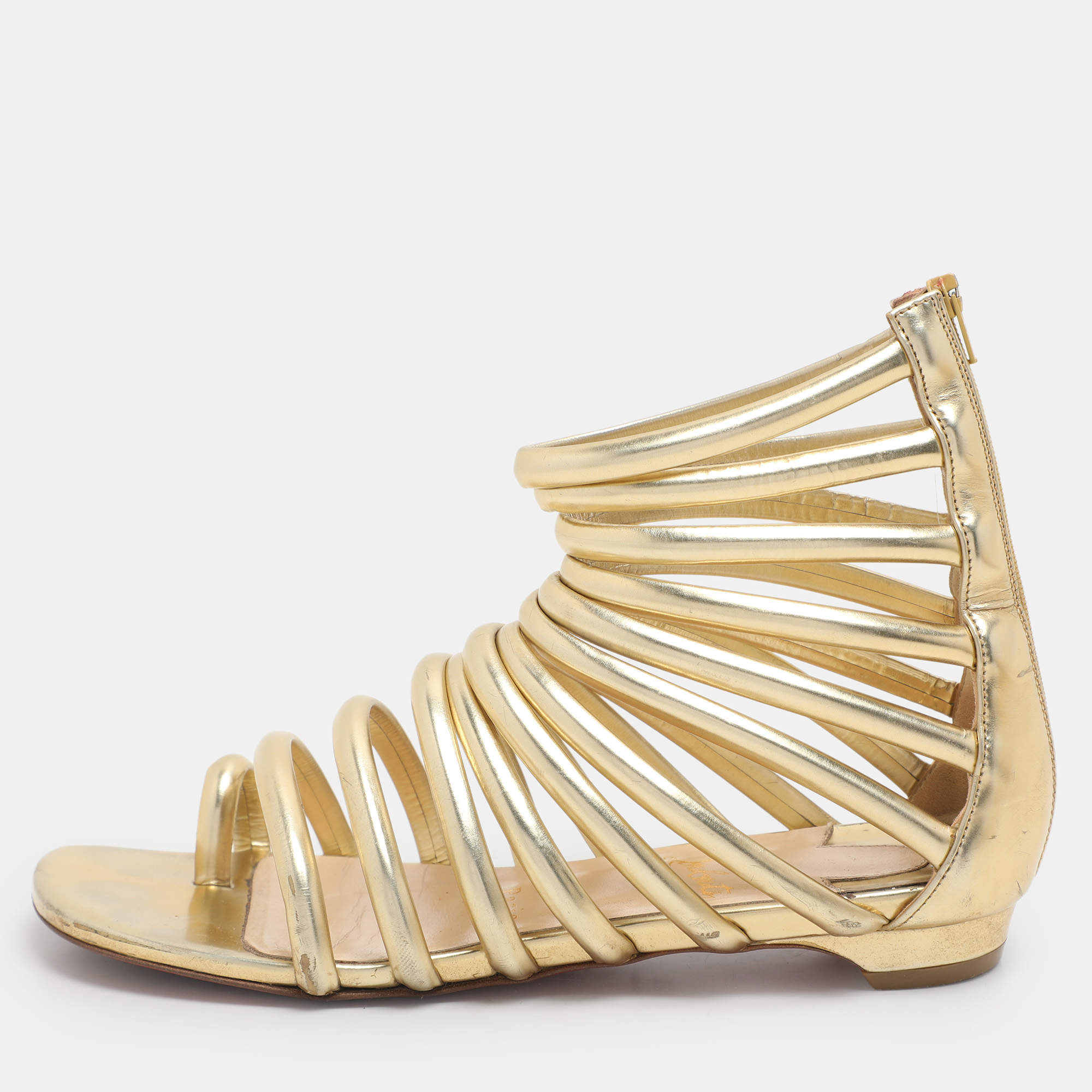 Christian Louboutin Gold Leather Catchetta Gladiator Sandals Size 36.5