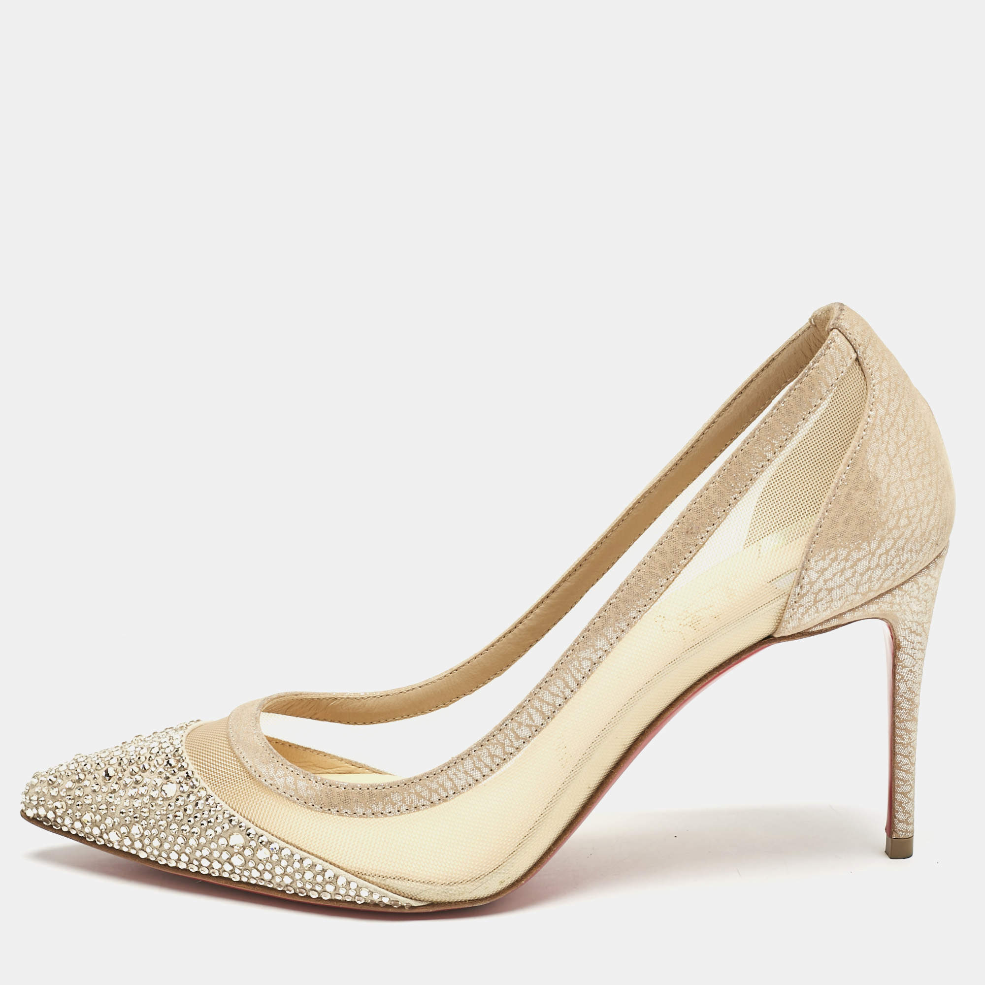 Christian Louboutin Beige Mesh and Suede Galativi Follies Strass Pumps Size 36