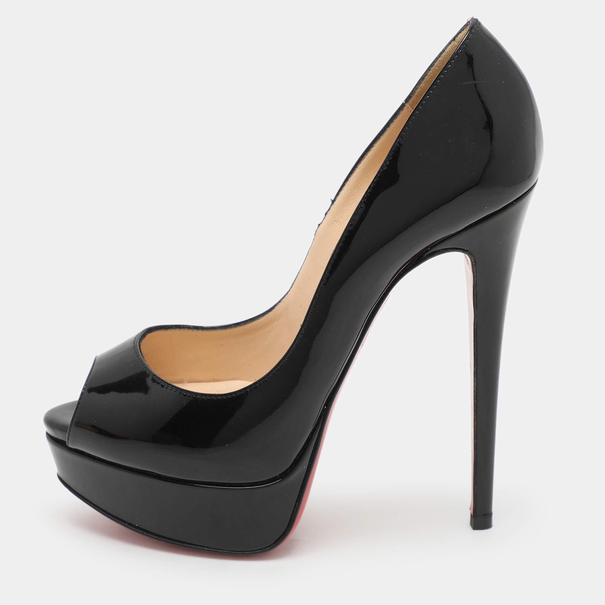 Christian Louboutin Black Patent Leather Lady Peep Platform Pumps Size 35.5