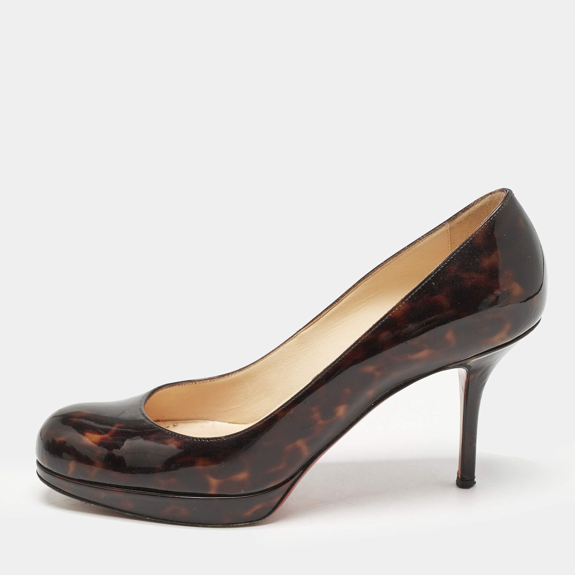 Christian Louboutin Brown Tortoise Shell Patent Leather Simple Round Toe Pumps Size 36.5