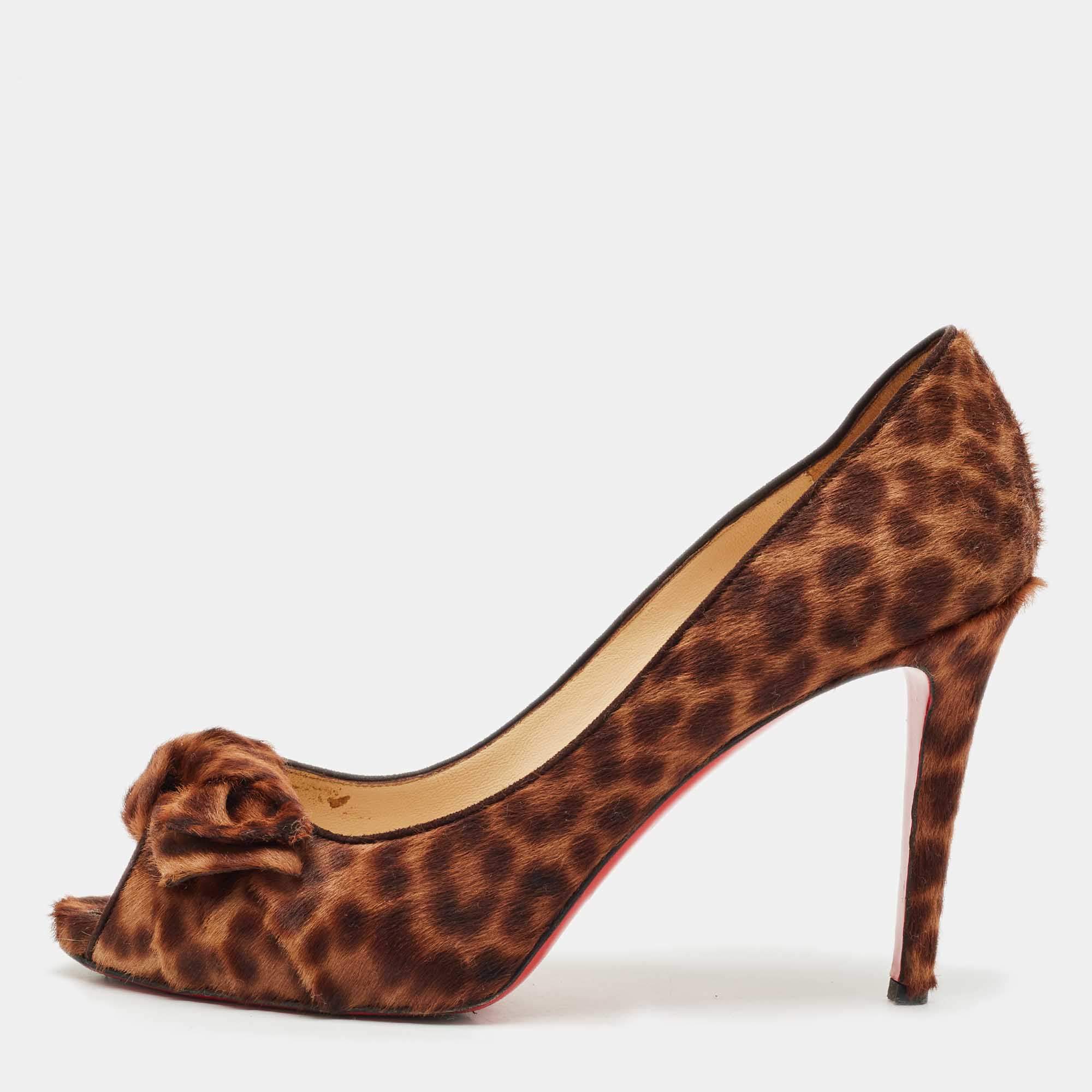 Pre Owned Christian Louboutin Brown Leopard Print Calf Hair Madame Butterfly Platform Pumps Size 40