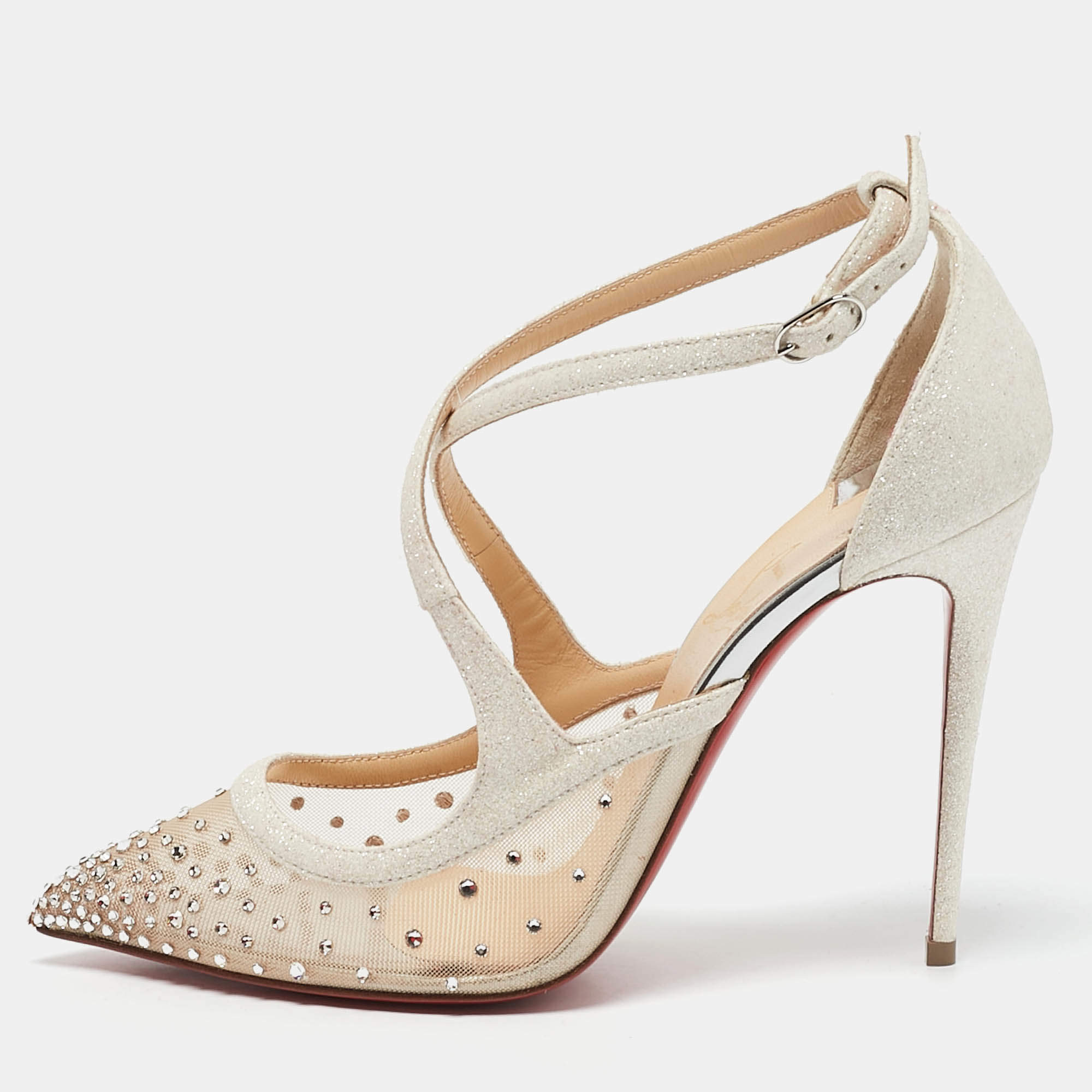 Christian Louboutin Silver/Beige Glitter and Mesh Twistissima Pumps Size 37