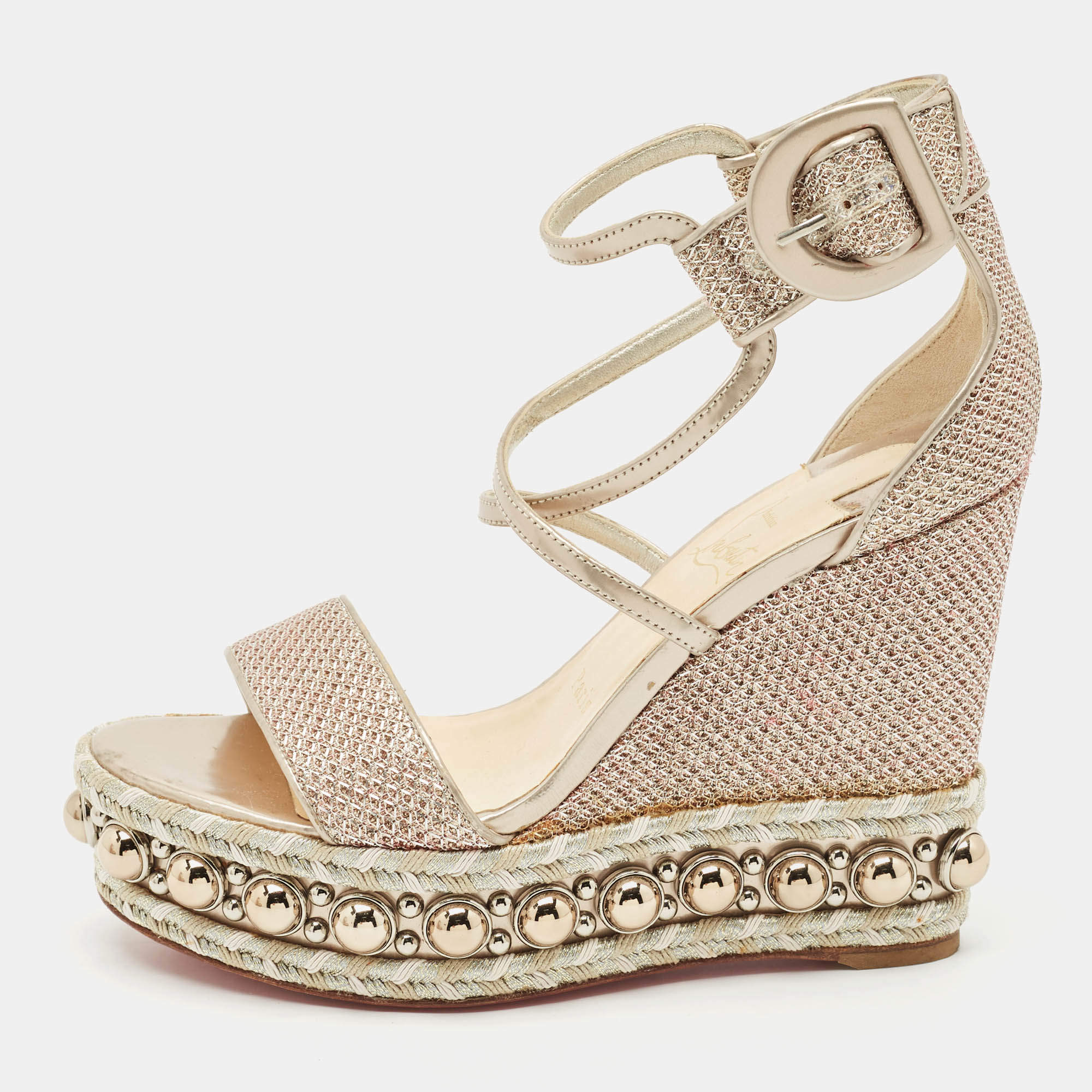Christian Louboutin Gold Leather and Mesh Chocazeppa Wedge Sandals Size 36