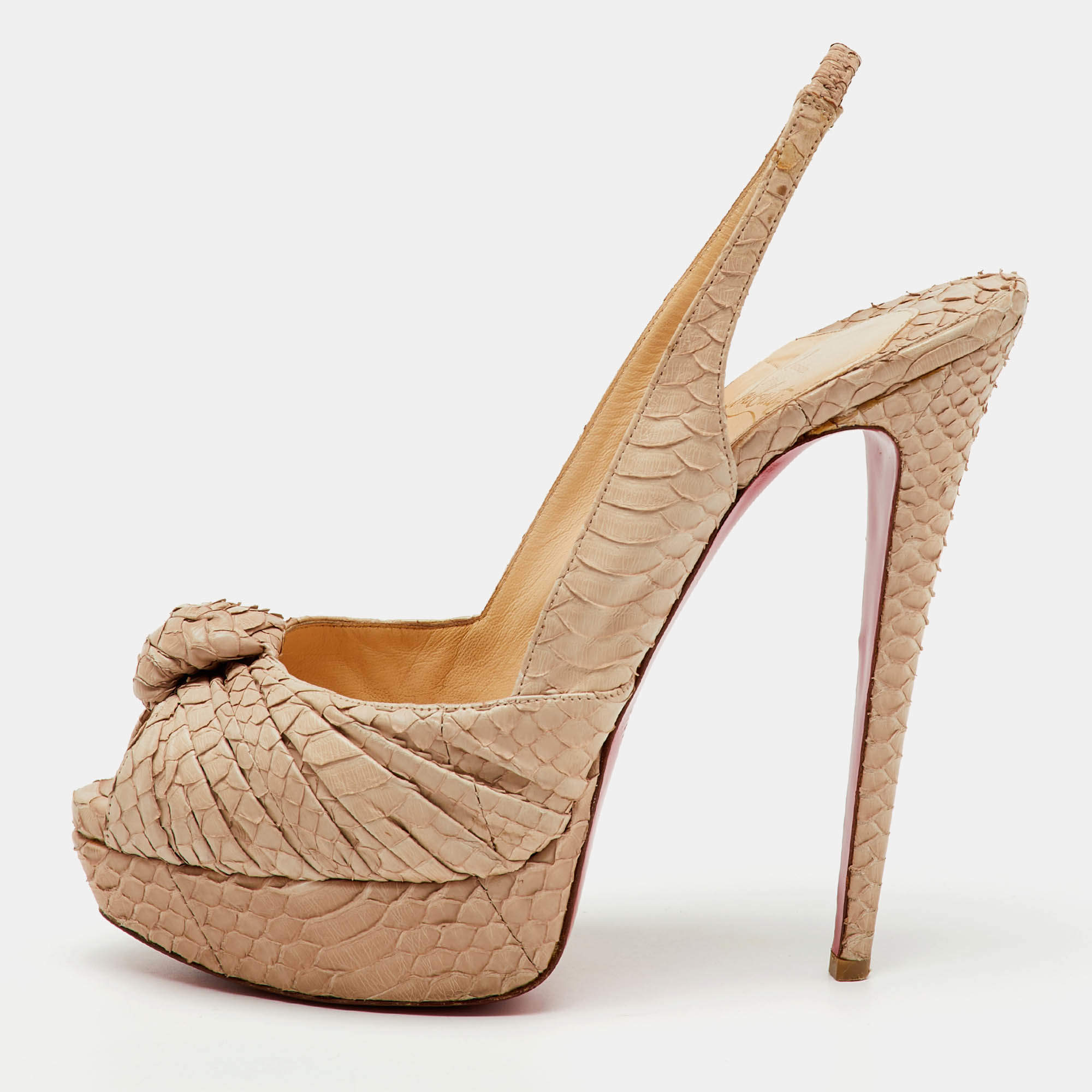 Christian Louboutin Beige Python Jenny Knotted Peep Toe Slingback Platform Pumps Size 40