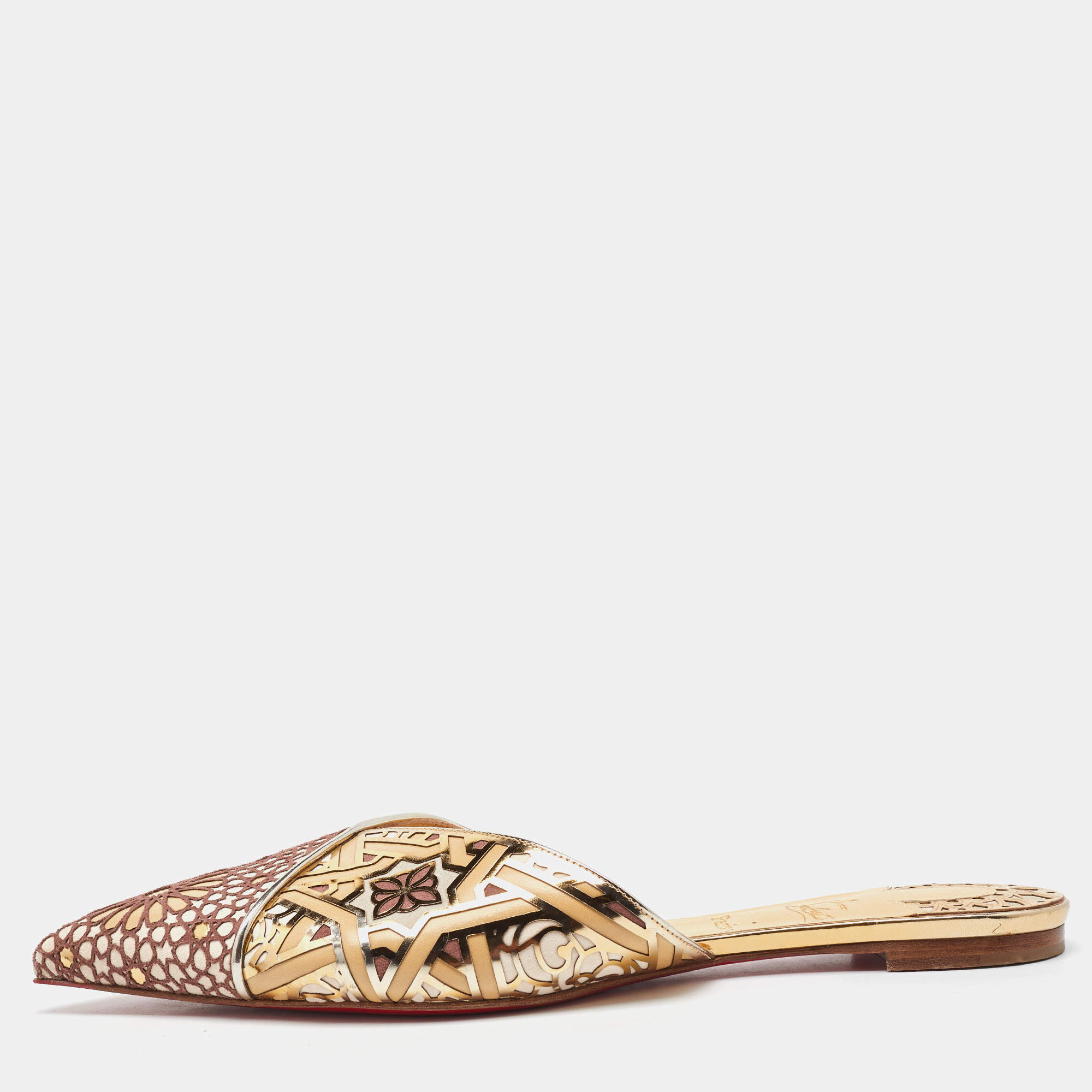 Christian Louboutin Multicolor Laser Cut Leather and Suede Royal Mansour Flat Mules Size 40
