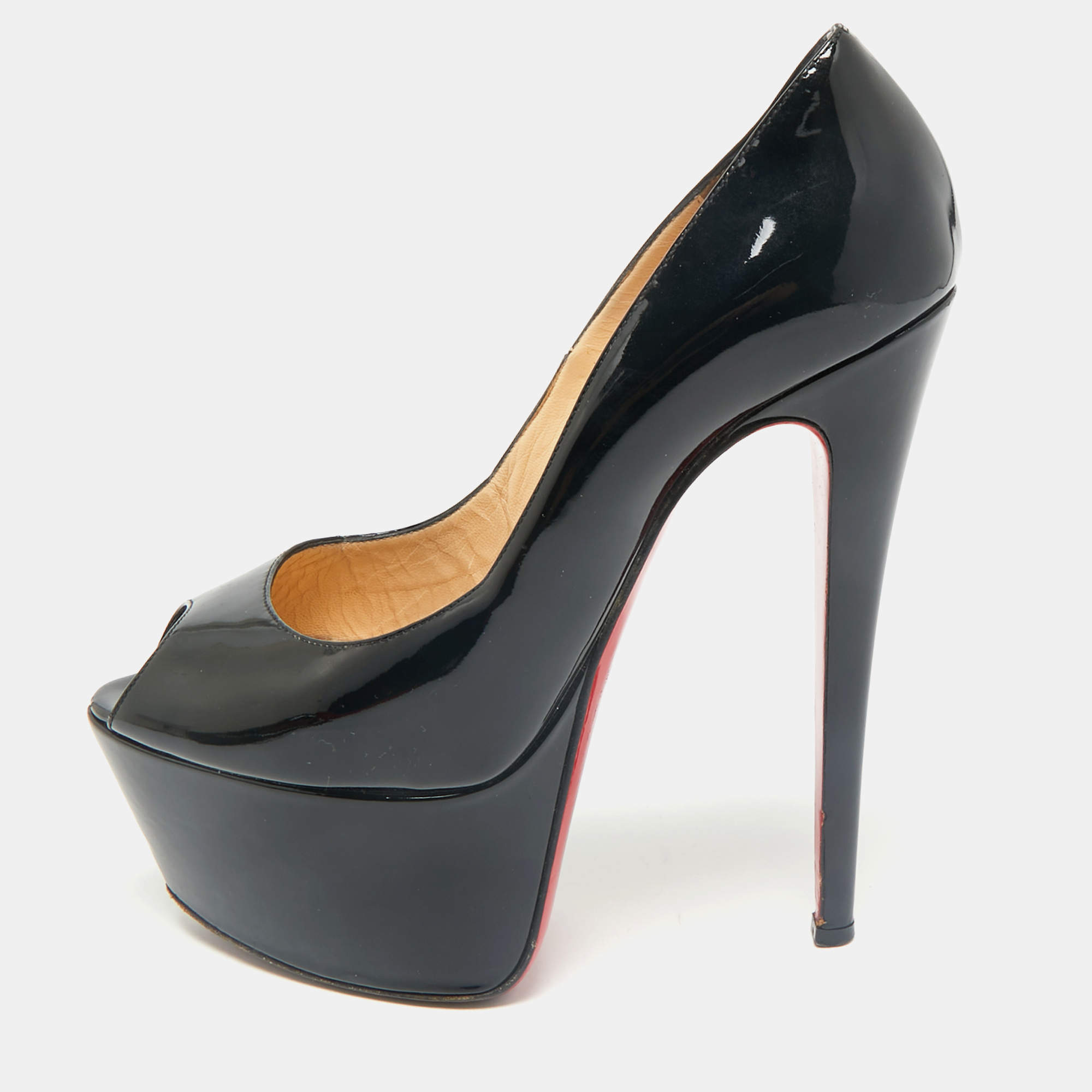 Christian Louboutin Black Patent Leather Vendome 120 Peep Toe Pumps Size 38