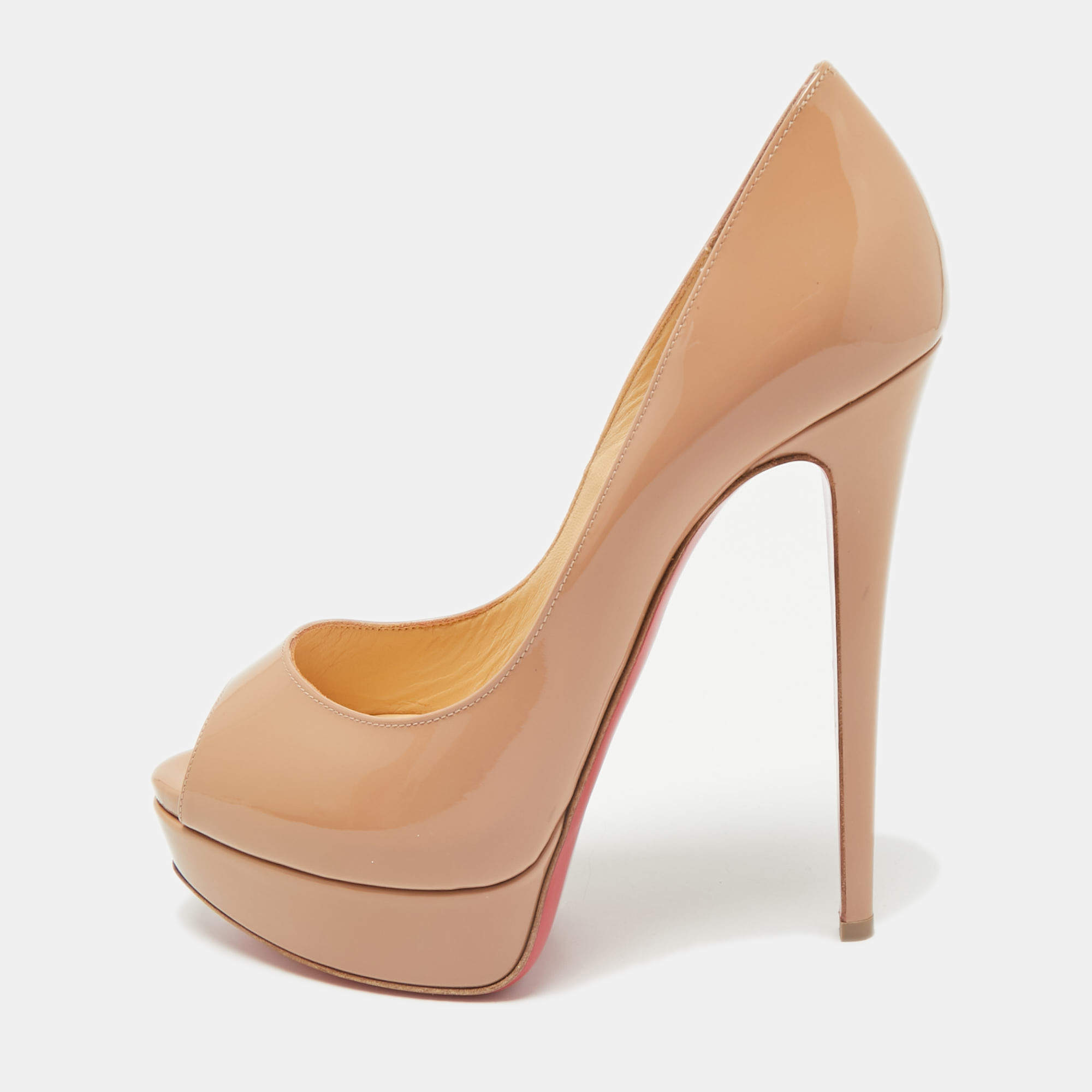 Pre Owned Christian Louboutin Beige Patent Leather Lady Peep Toe Platform Pumps Size 38.5