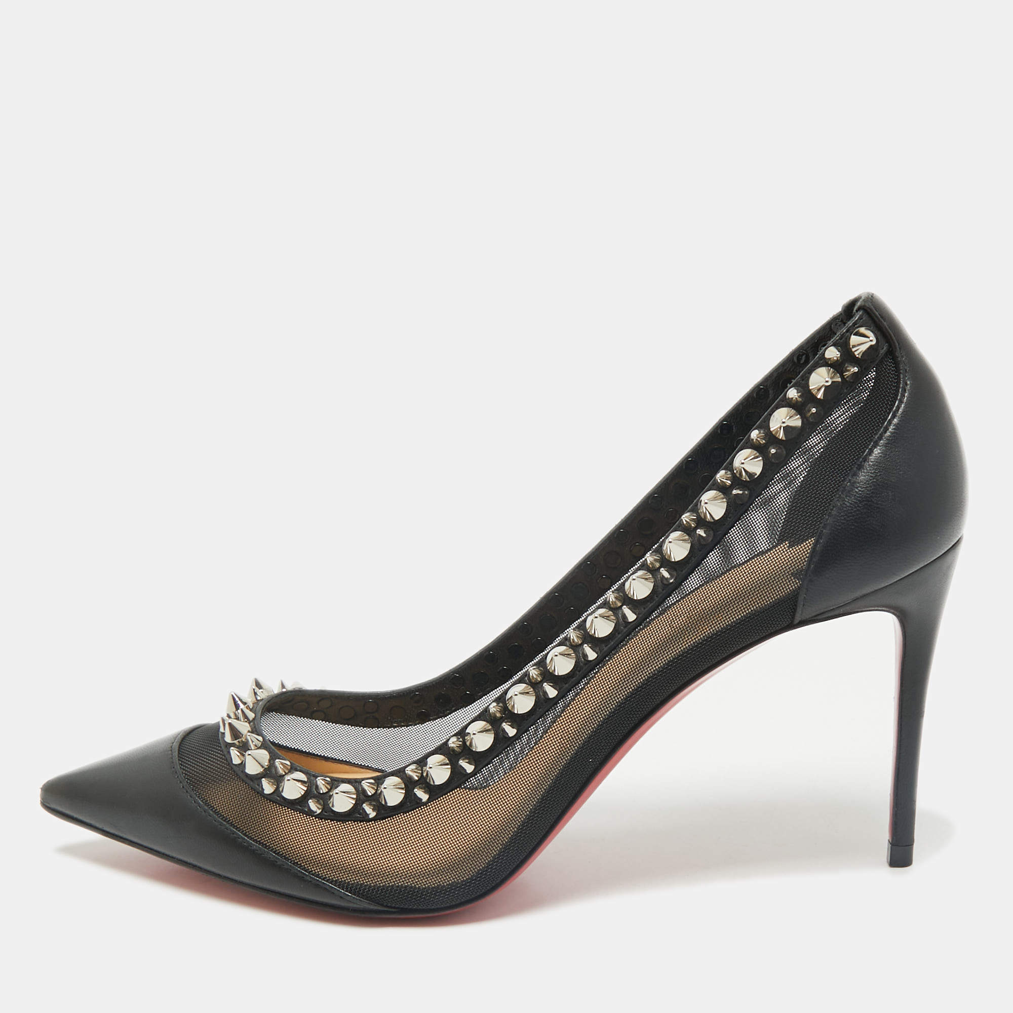Pre Owned Christian Louboutin Black Leather and Mesh Galativi Spike Pointed Toe Pumps Size 38.5