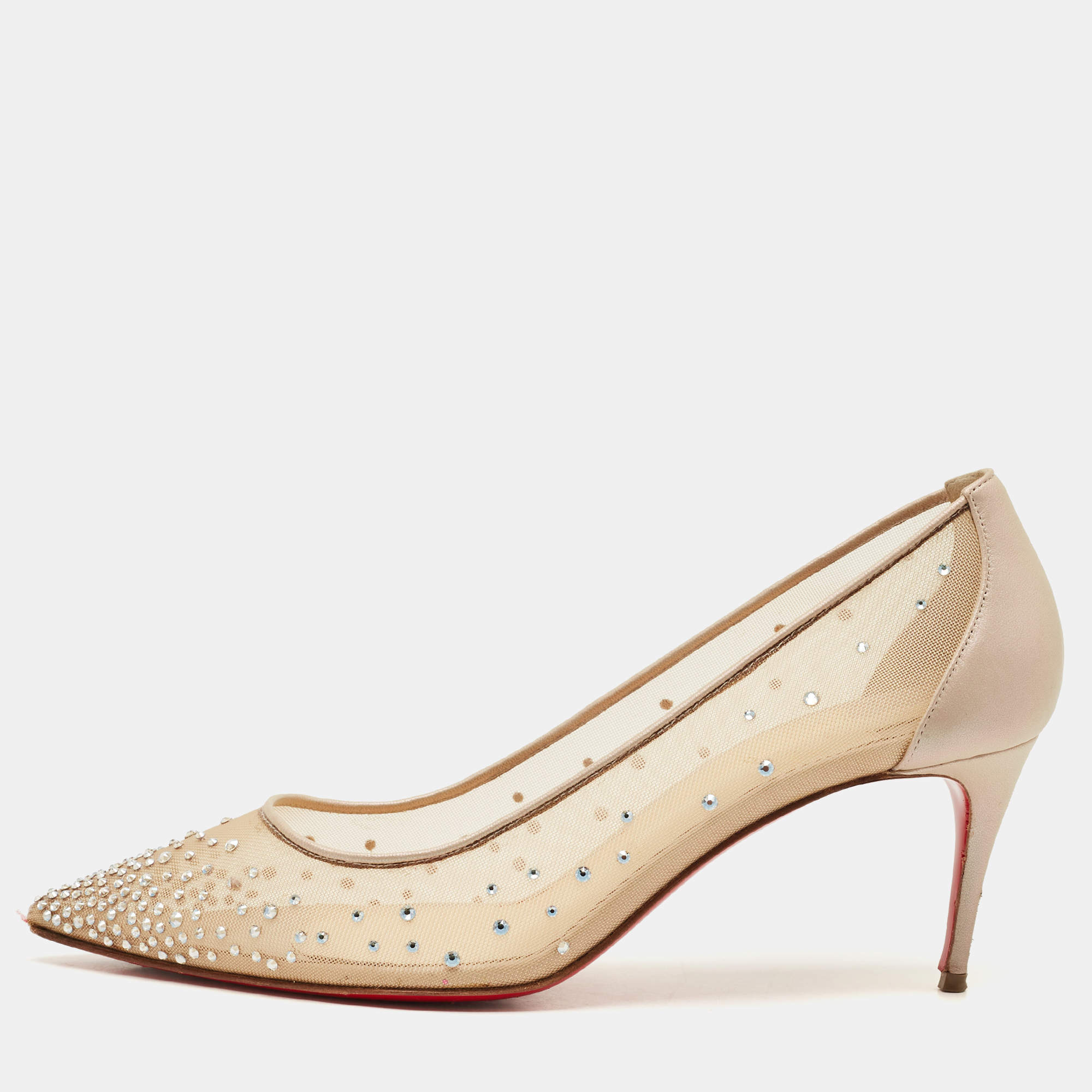 Christian Louboutin Beige Mesh and Leather Follies Strass Pointed Toe Pumps Size 39