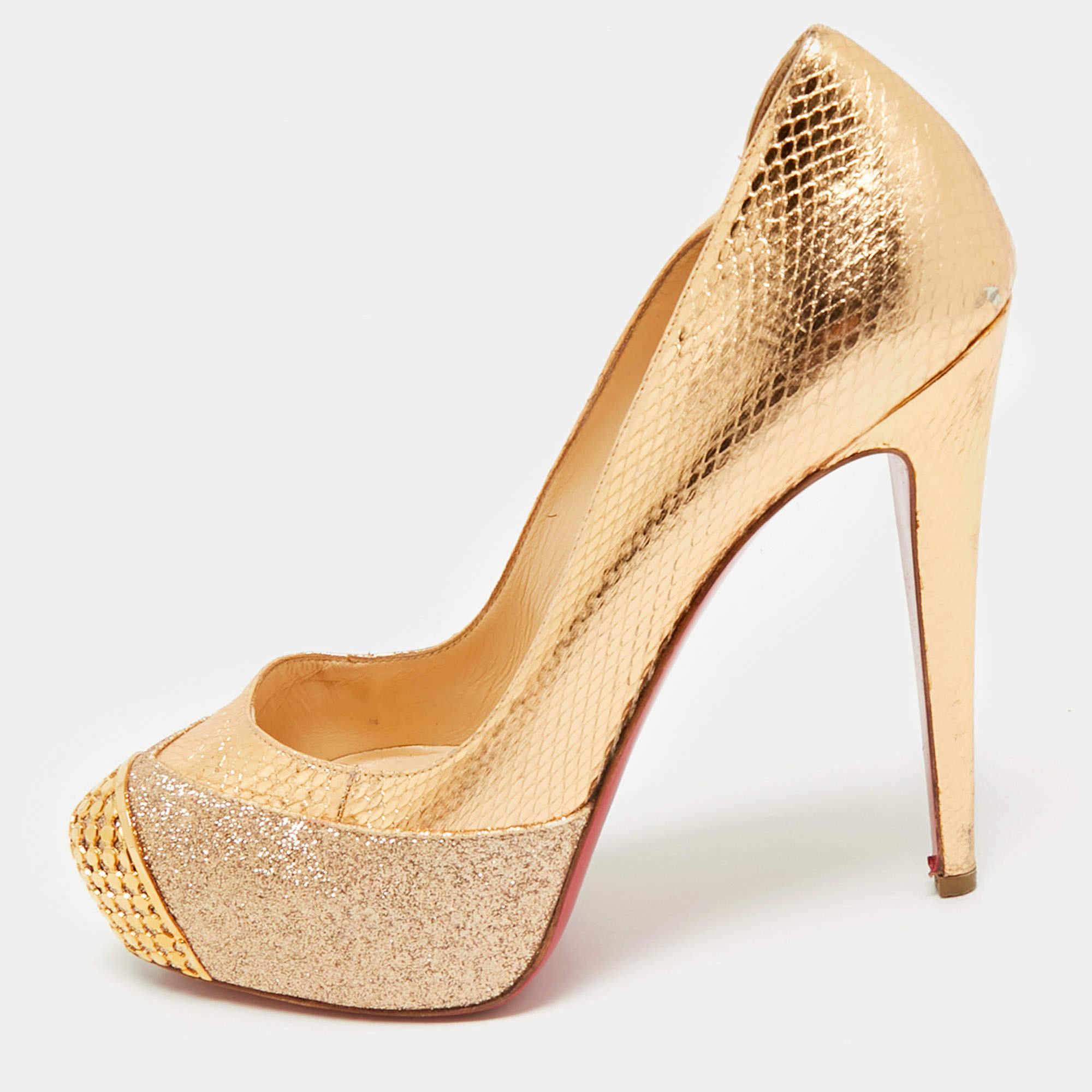 Christian Louboutin Maggie Glitter & Snakeskin Embossed Leather Platform Pumps Size 38
