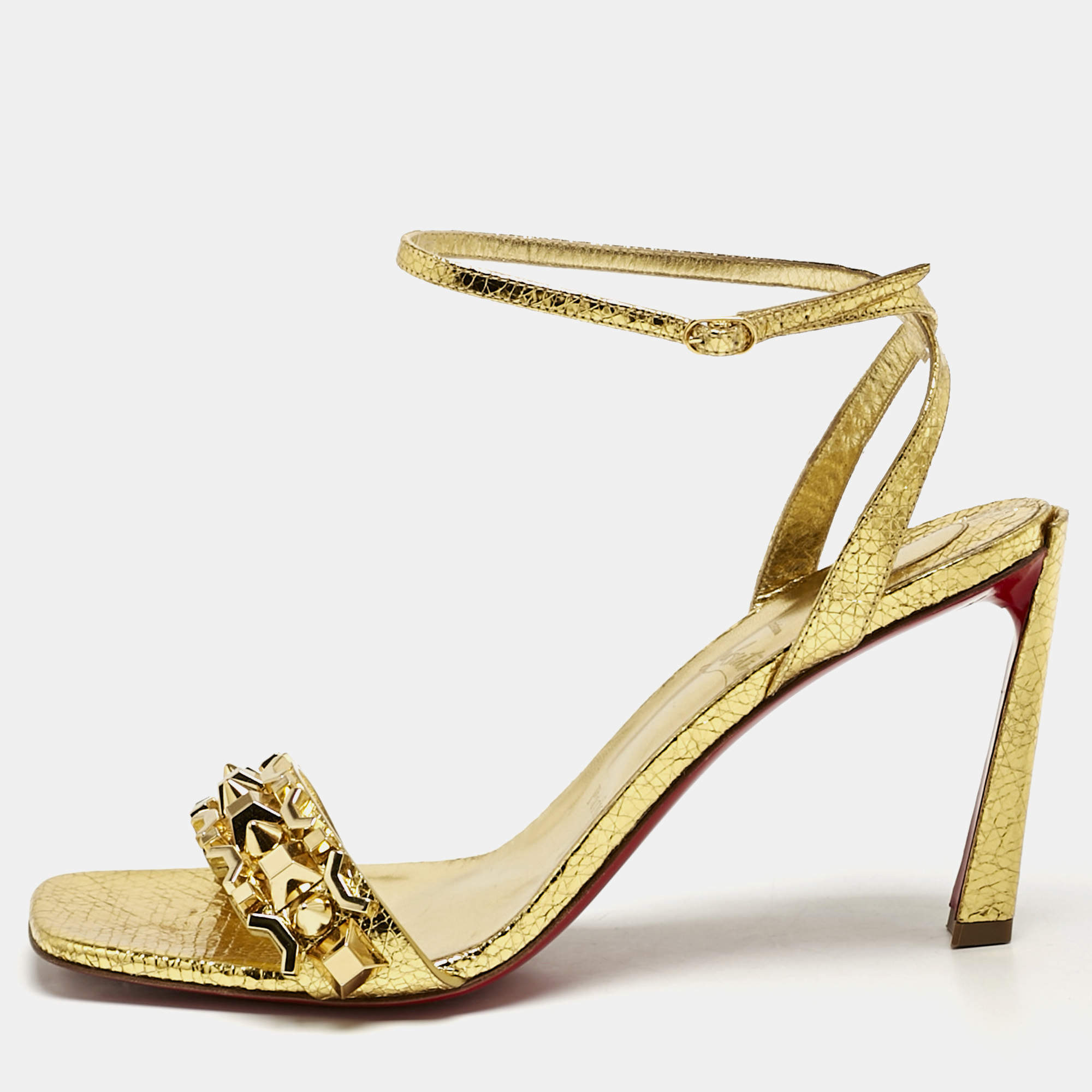 Christian Louboutin Gold Foil Crackled Leather Asteroispikes Ankle Strap Sandals Size 41
