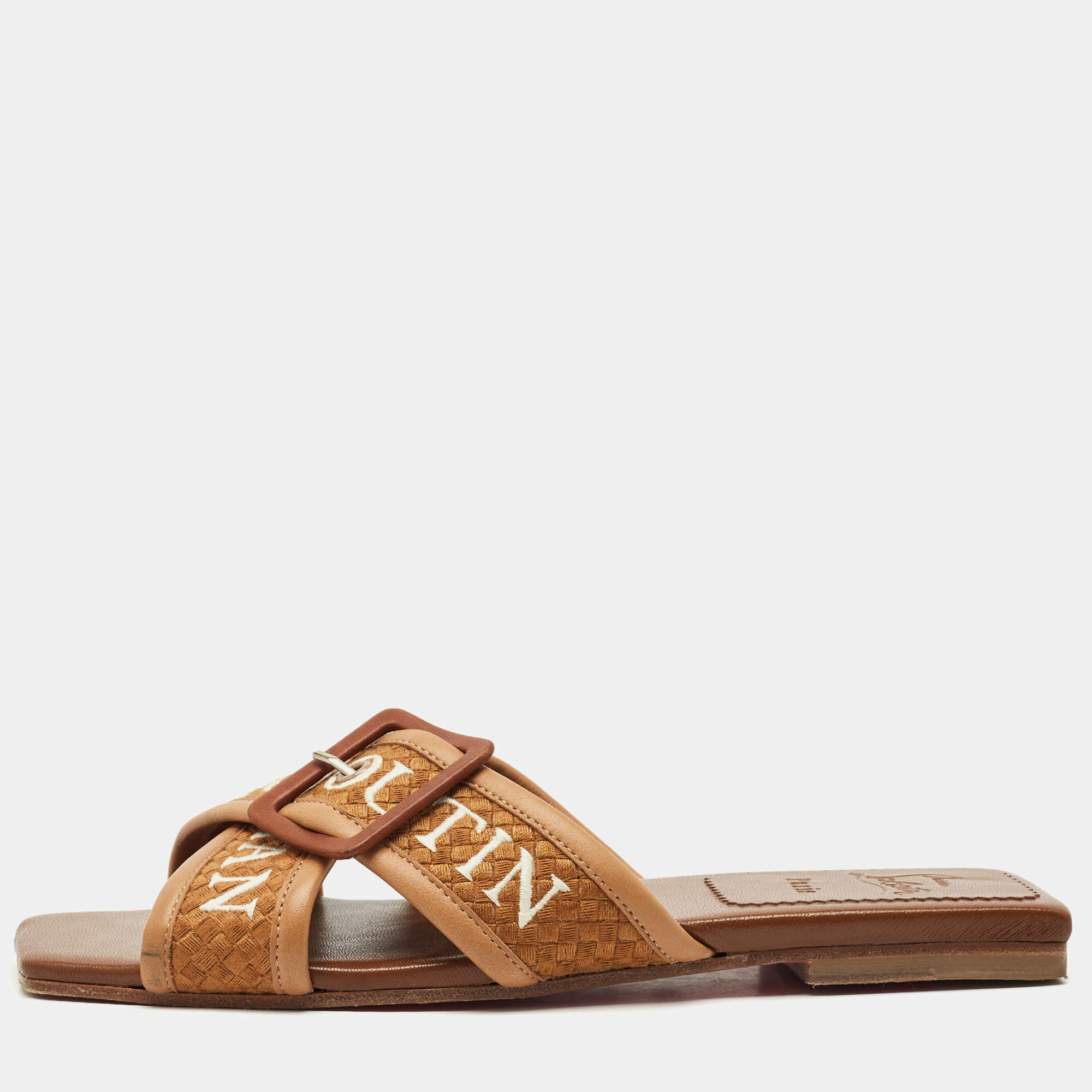 Christian Louboutin Brown Logo Canvas and Leather Crossimule Flat Slides Size 38.5