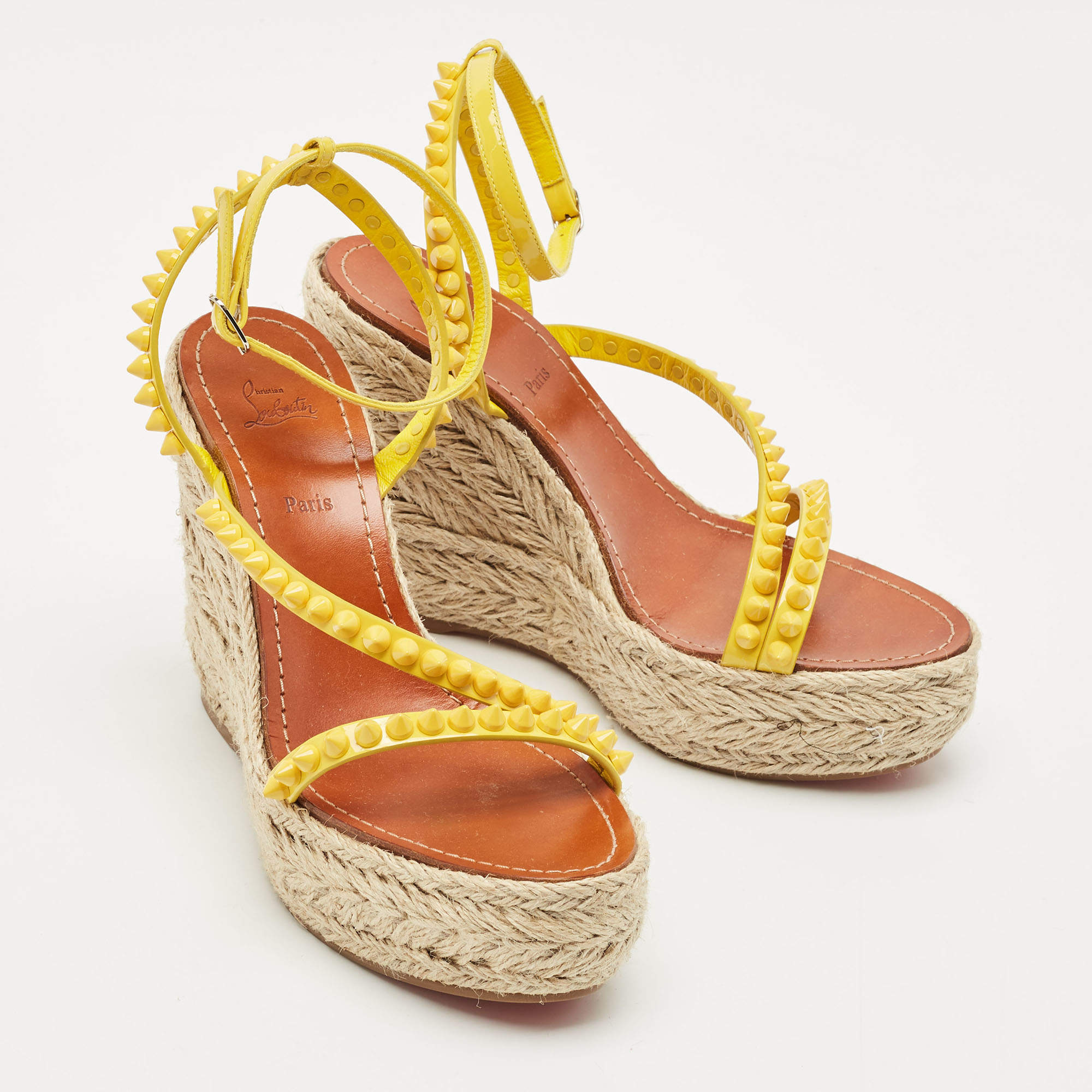Pre Owned Christian Louboutin Yellow Patent Leather Mafaldina Zeppa Wedge Ankle Strap Sandals Size 40