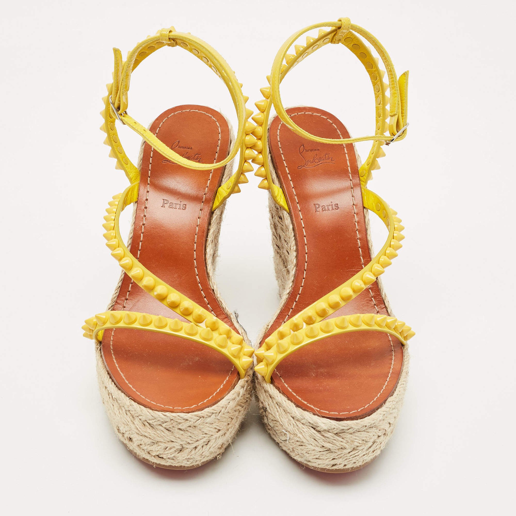 Pre Owned Christian Louboutin Yellow Patent Leather Mafaldina Zeppa Wedge Ankle Strap Sandals Size 40