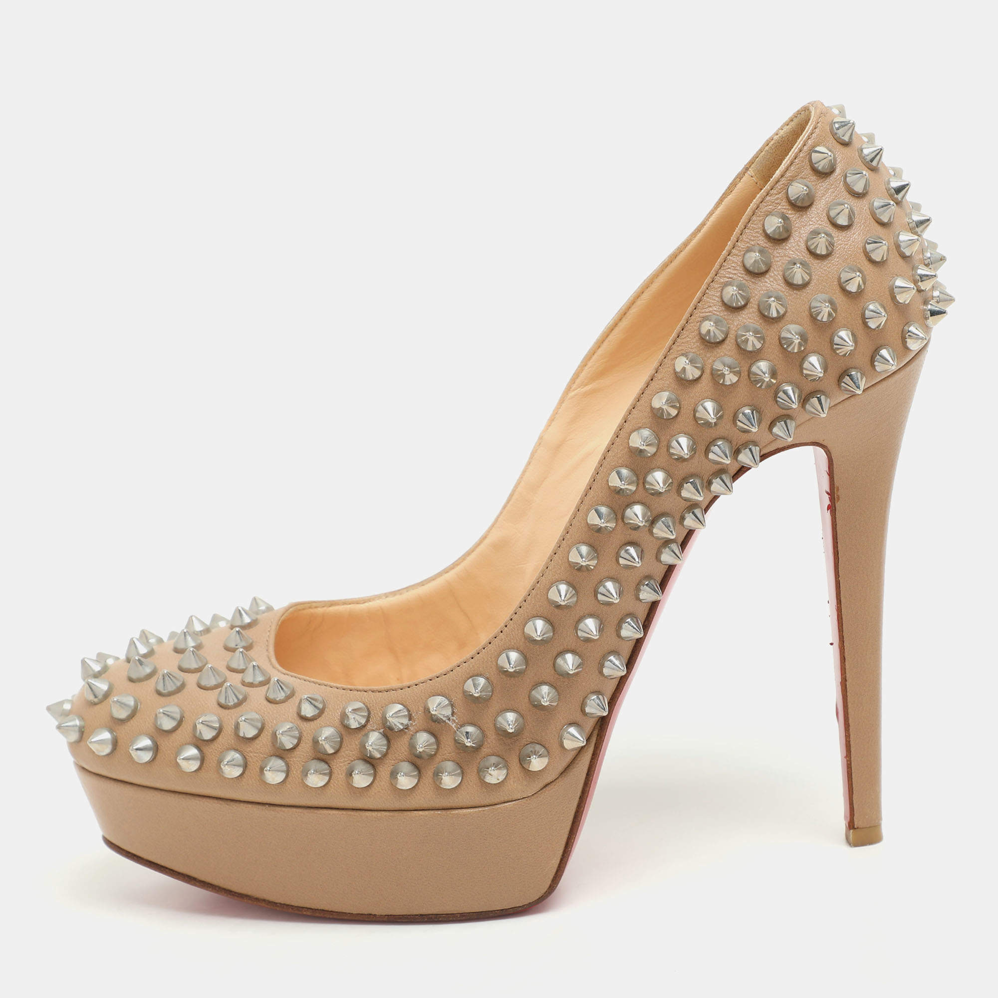 Christian Louboutin Beige Leather Bianca Spike Platform Pumps Size 38