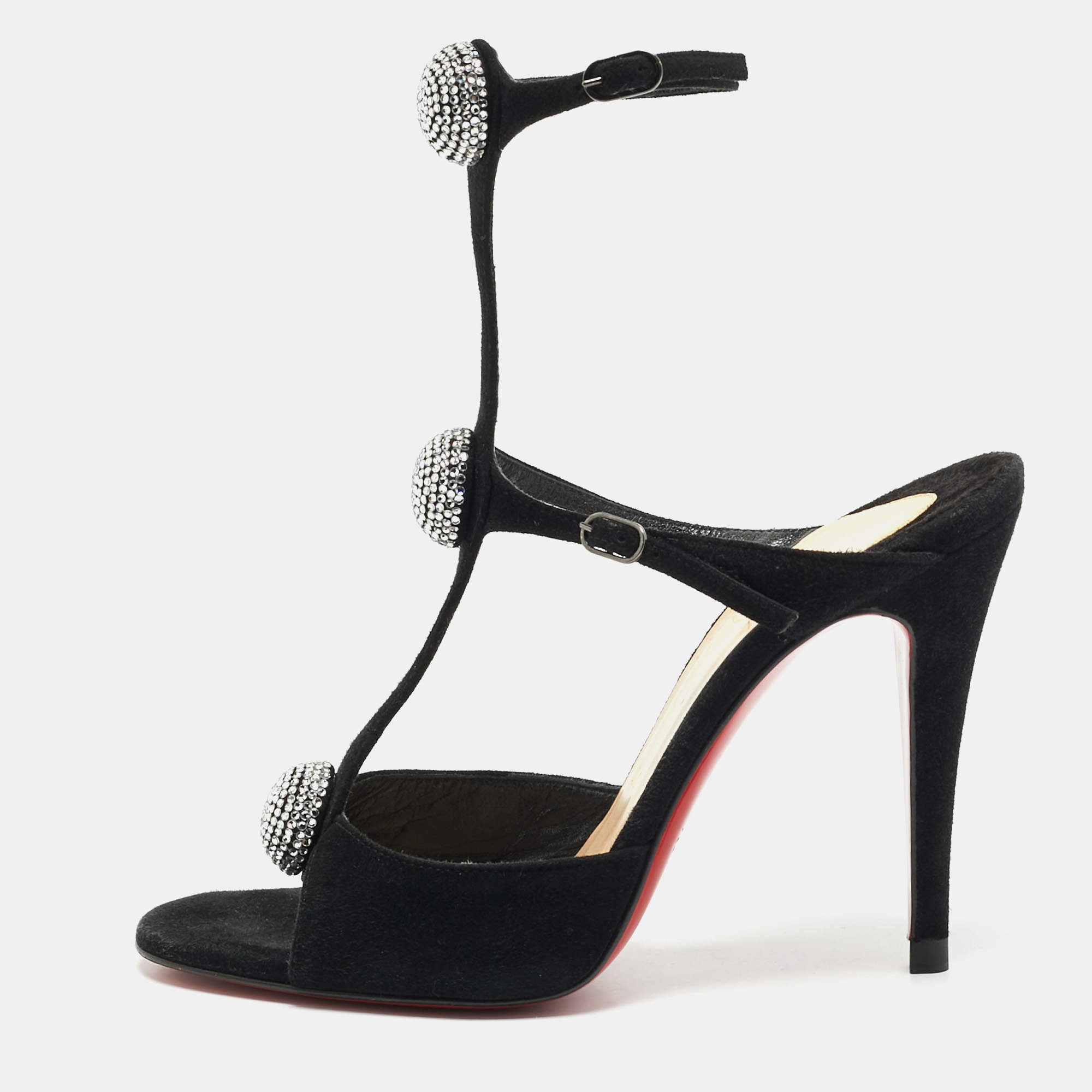 Christian Louboutin Black Suede Crystal Embellished Ankle Strap Sandals Size 35.5