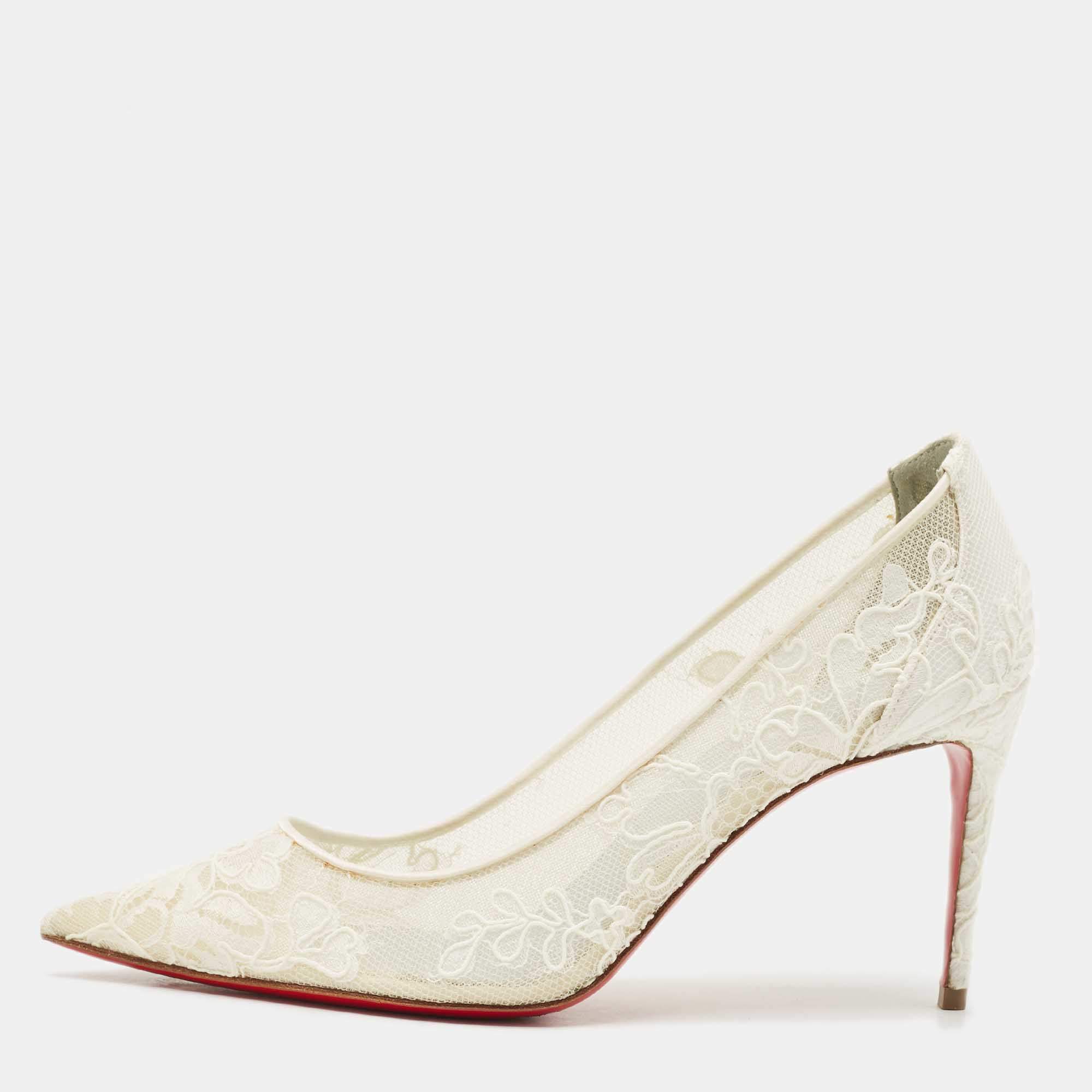 Christian Louboutin White Mesh and Lace Follies Strass Pumps Size 36
