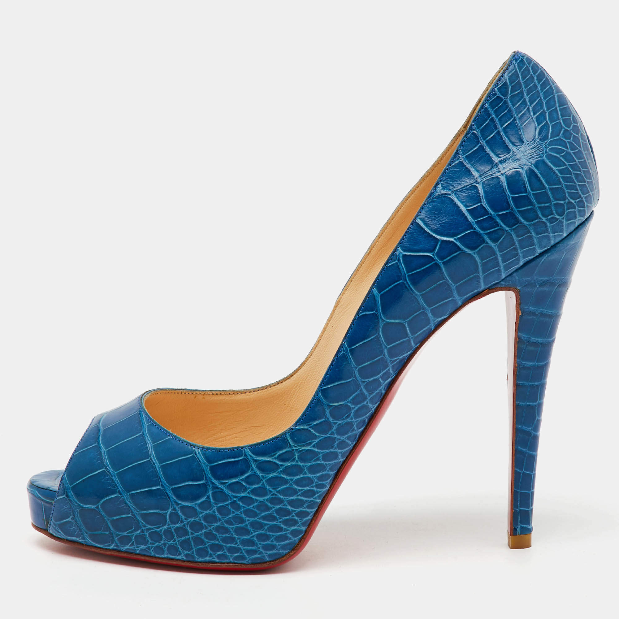 Christian Louboutin Blue Crocodile Leather Very Prive Peep Toe Pumps Size 39.5