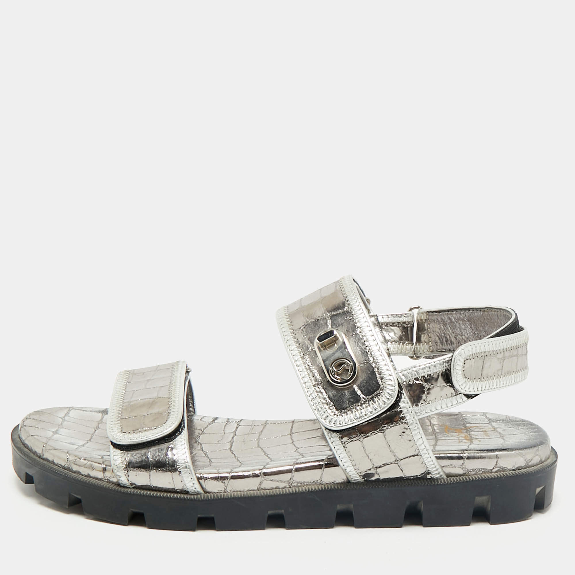 Christian Louboutin Silver Croc Embossed Leather Lock Cool Flat Sandals Size 40