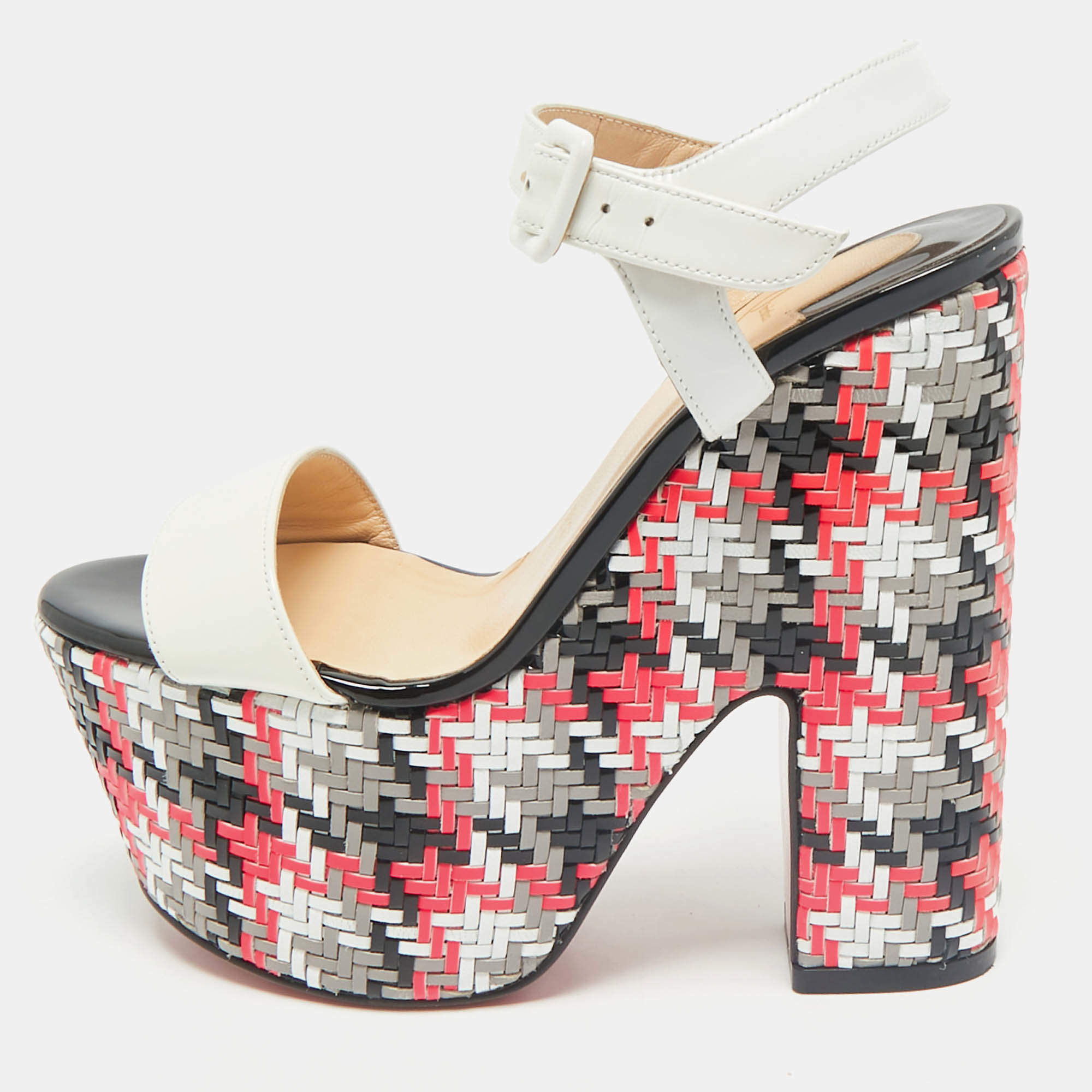 Pre Owned Christian Louboutin Cream Leather Tresse Belle Ankle Strap Sandals Size 35