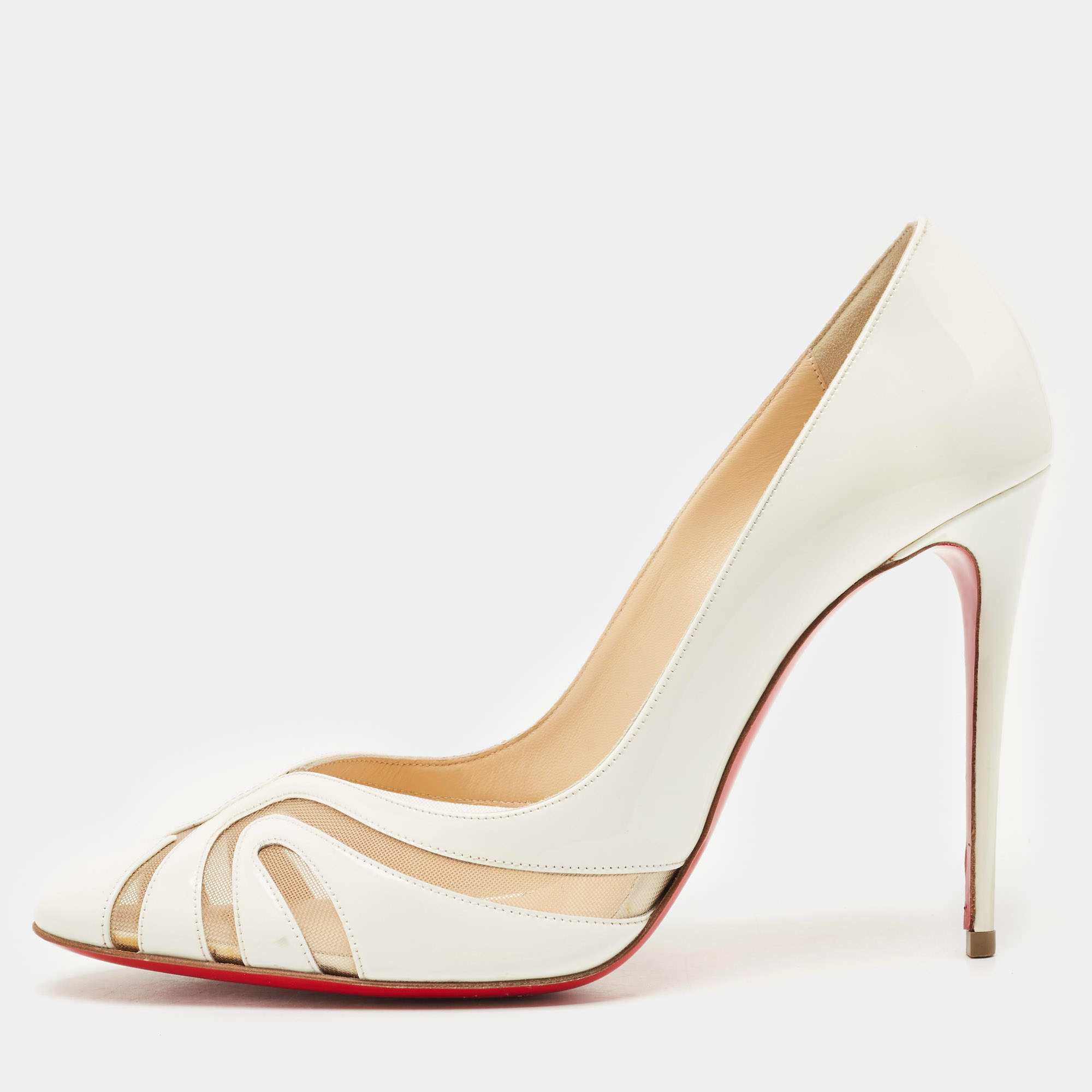 Christian Louboutin White Patent Leather and Mesh Olive 100 Pumps Size 40