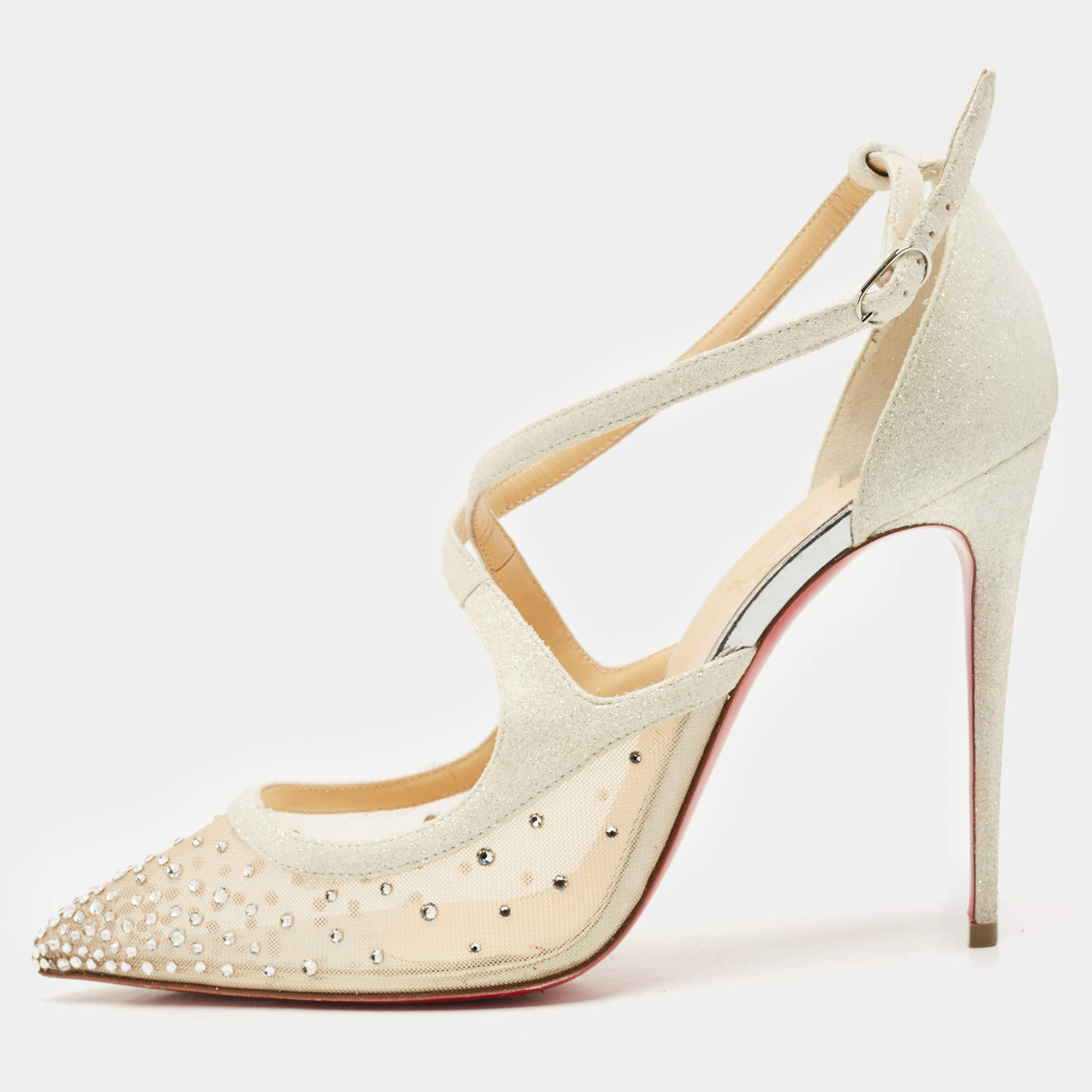 Christian Louboutin Silver Lurex Fabric and Mesh Twistissima Strass Sandals Size 40