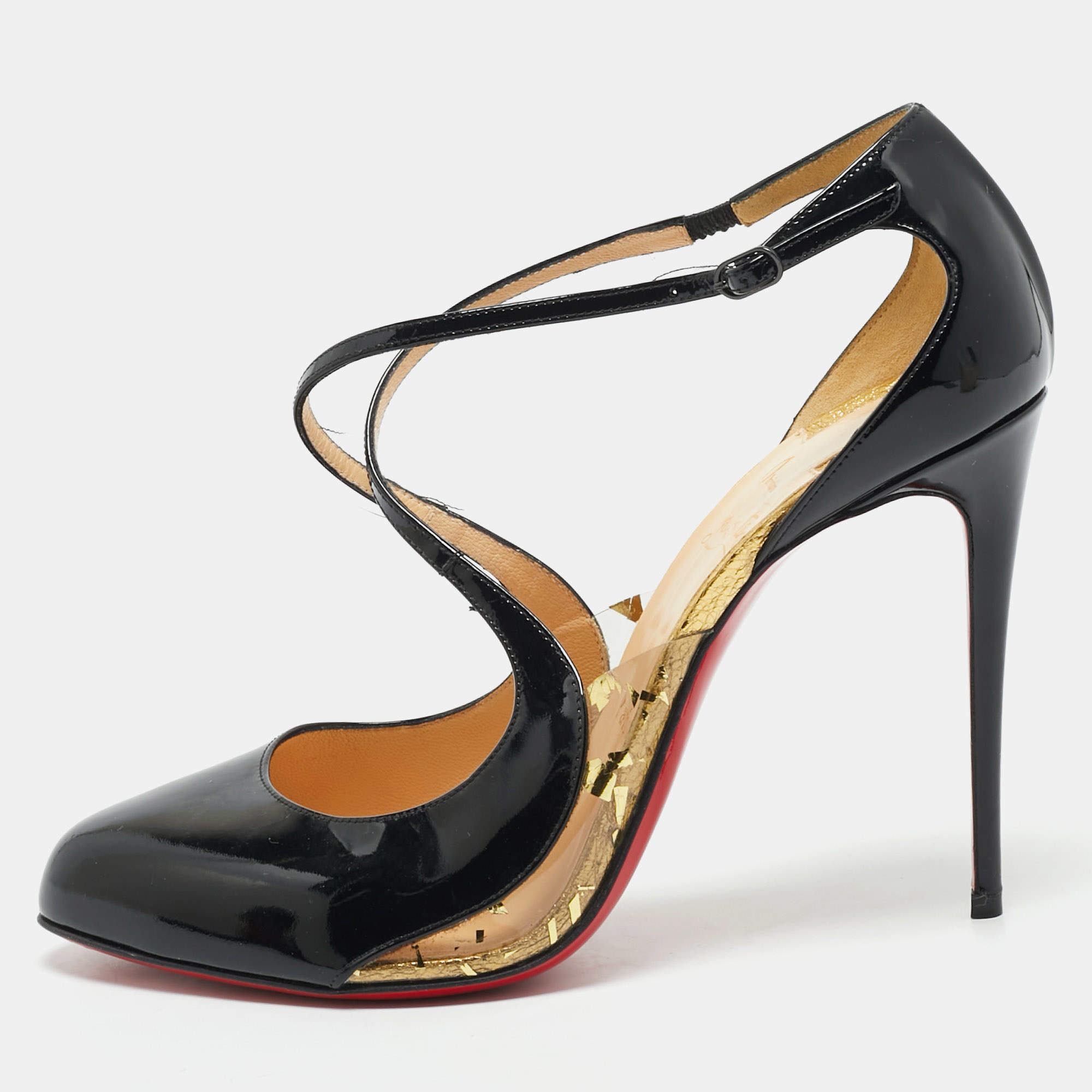 Christian Louboutin Black Patent Leather Crossettinetta Cross Strap Sandals Size 40.5