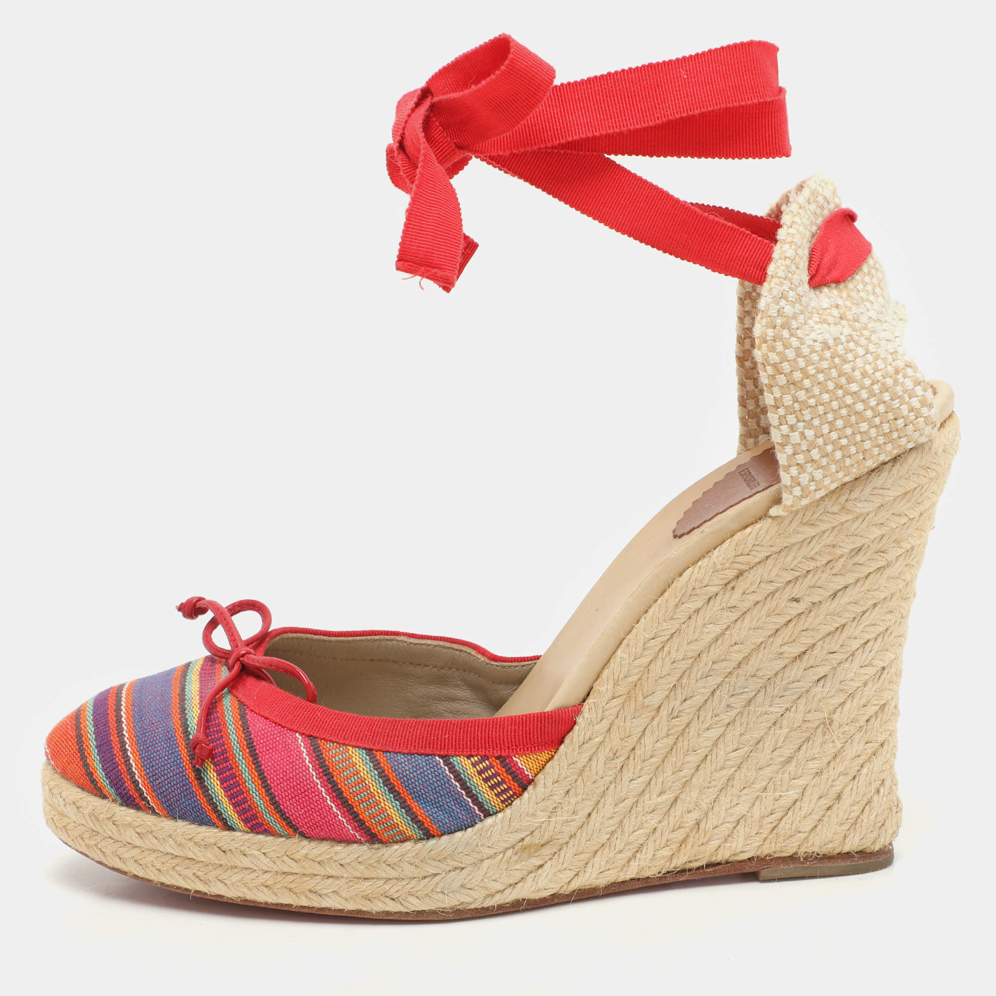 Pre Owned Christian Louboutin Multicolor Striped Canvas Caron Plato Wedge Espadrille Sandals Size 41