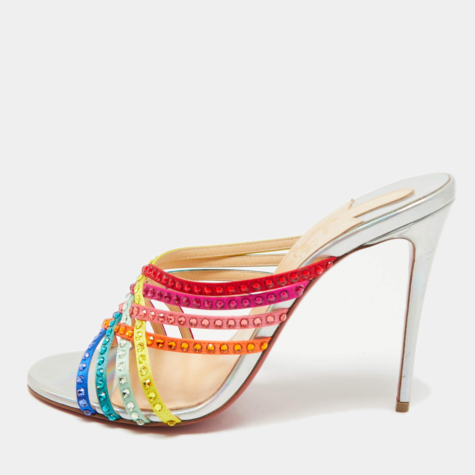 Pre Owned Christian Louboutin Multicolor Satin Marthastrass Slide Sandals Size 38