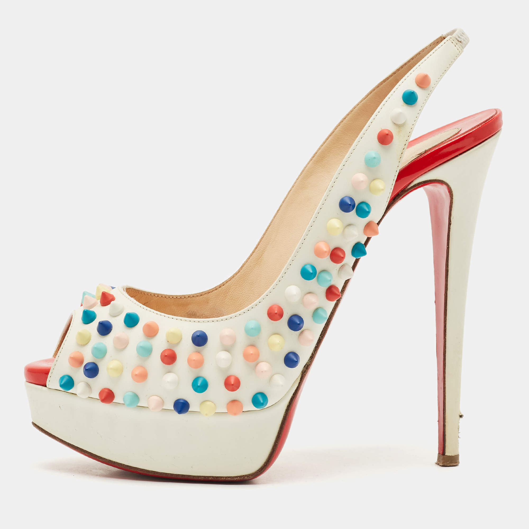 Pre Owned Christian Louboutin White Leather Lady Peep Multicolor Spikes Slingback Sandals Size 38.5
