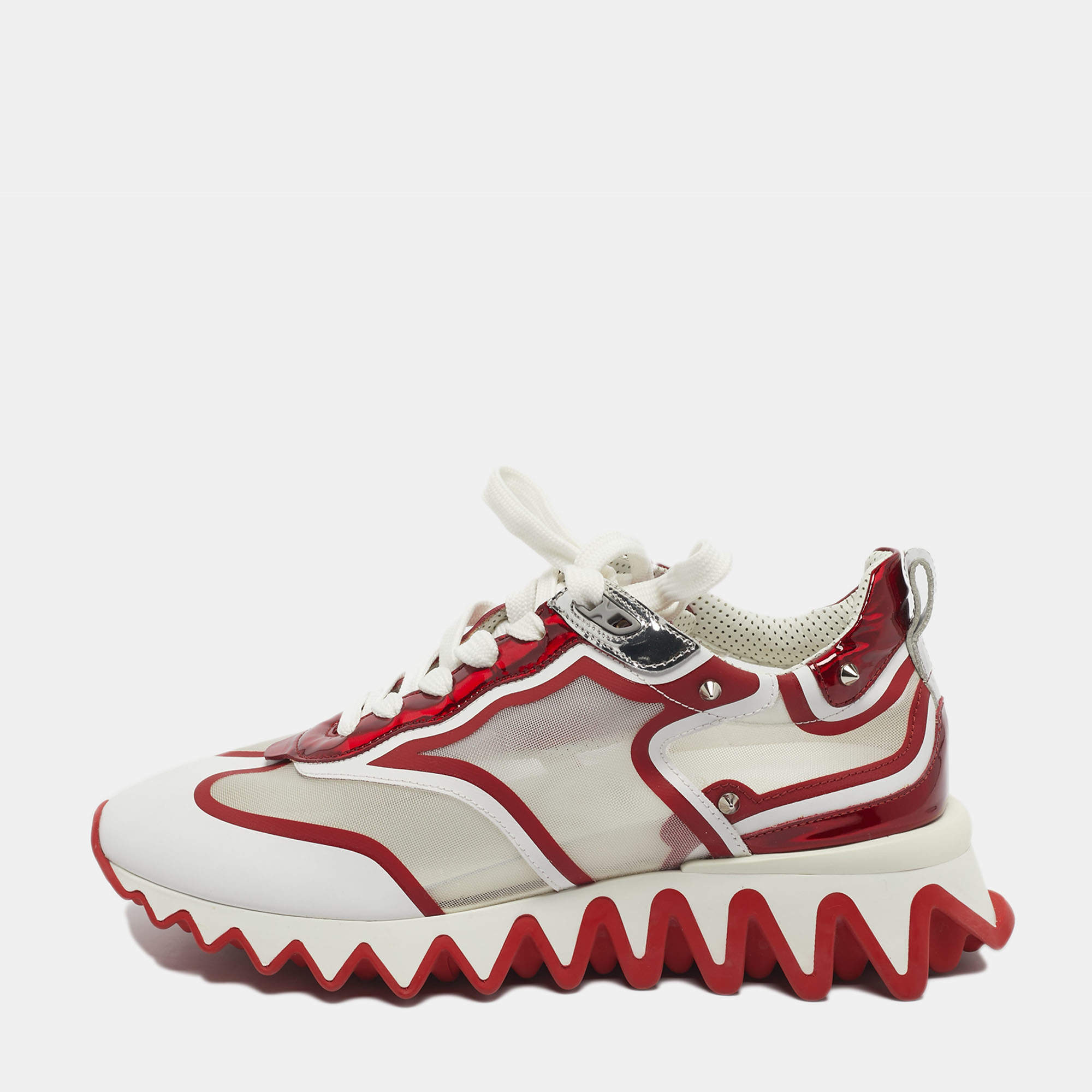 Pre Owned Christian Louboutin White/Red Mesh and Patent Leather Sharkina Sneakers Size 38